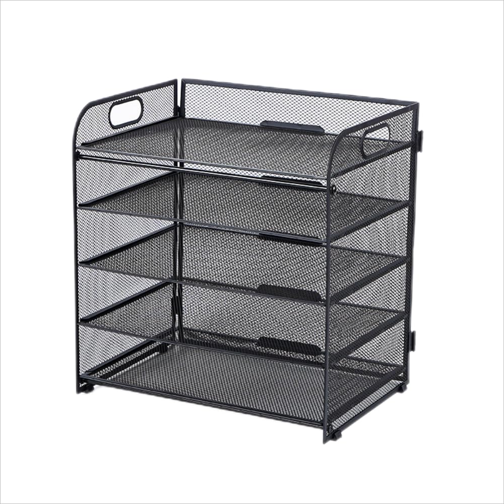 ECIC 5 Trays Paper Organizer Letter Tray with Handle-Mesh Desk File Organizer, Paper Sorter for Office, Home or School, Black