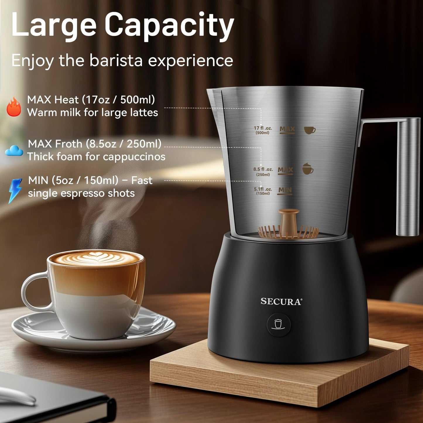 Secura Detachable Milk Frother, 17oz Electric Milk Steamer Stainless Steel, Automatic Hot/Cold Foam and Hot Chocolate Maker with Dishwasher Safe, 8.45 oz, 120V