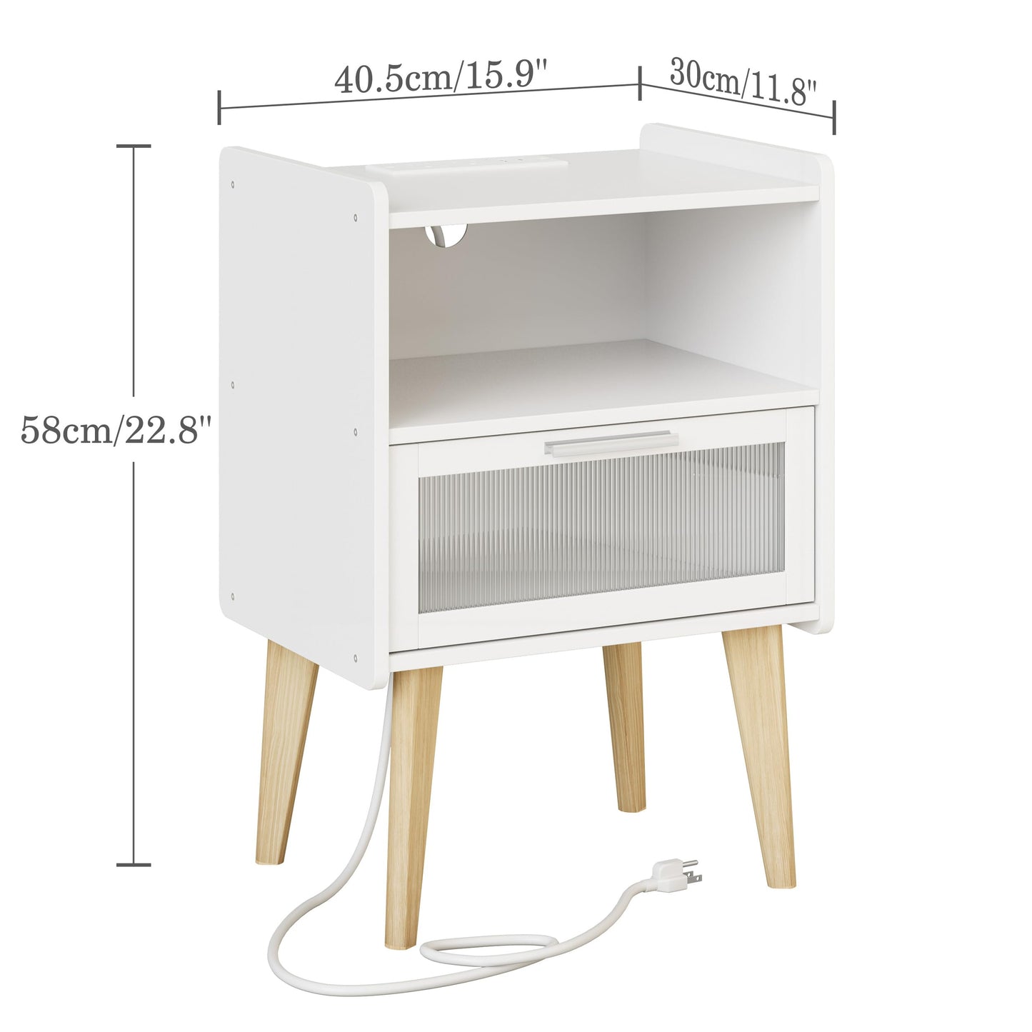 Nightstand with Charging Station, Bedside Tables with Glass Decorative Door, End Table Side Table with 2 Tiers Storage Space, for Bedroom, Living Room, White CAMLBZ07WE