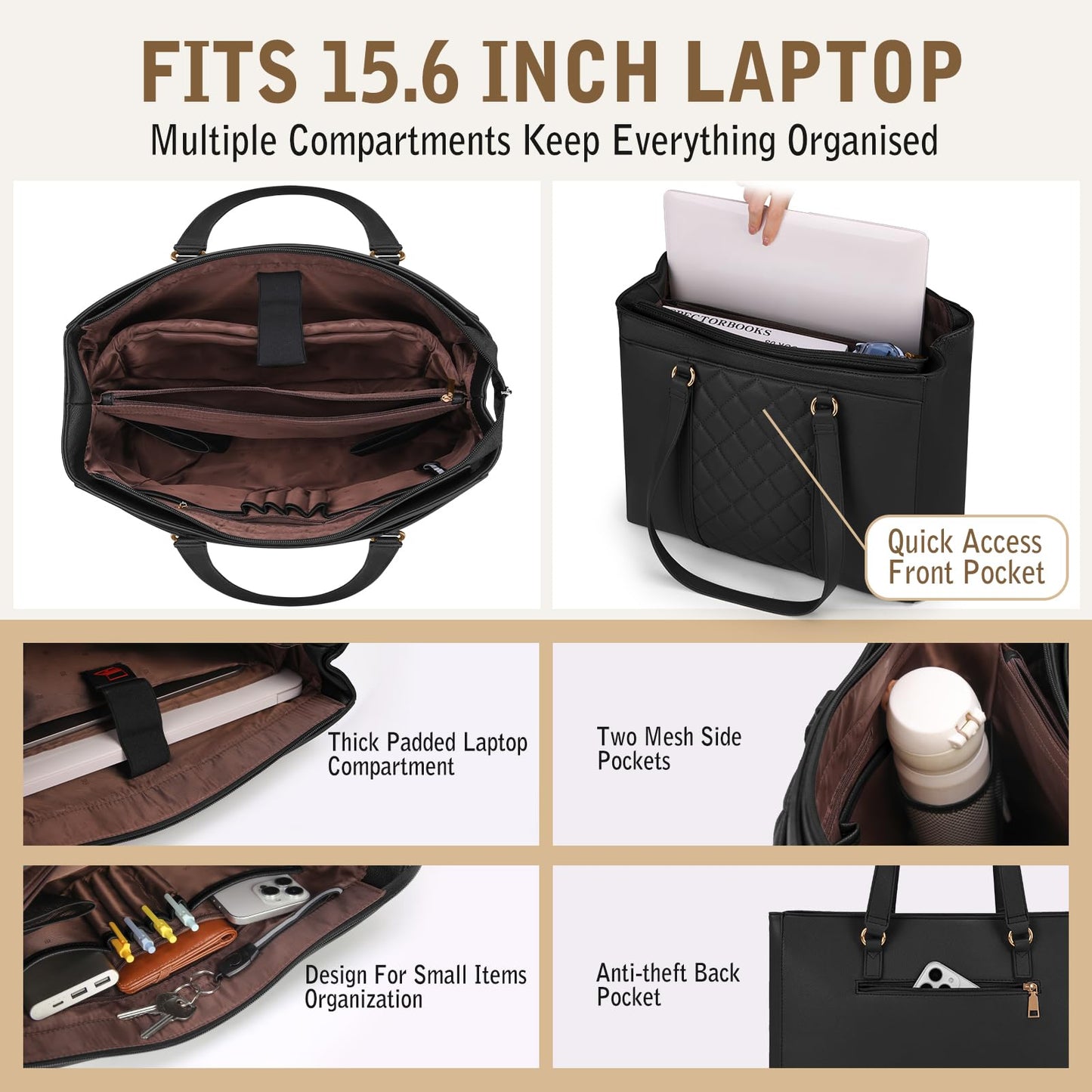 RAINSMORE Laptop Bags For Women 15.6 Inch Work Tote Bag Large Laptop Purse PU Leather Handbag Waterproof Office Computer Briefcase with Zipper for Business Travel, Black