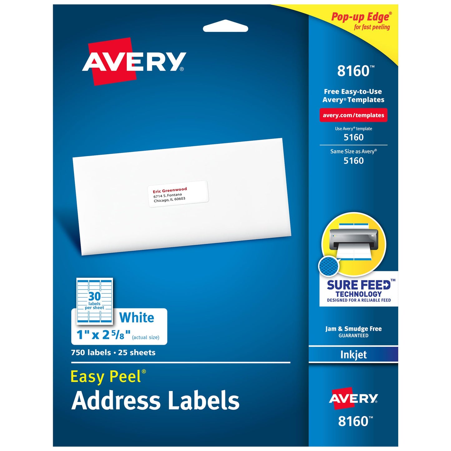 Avery Easy Peel Address Labels for Inkjet Printers, 1 x 2.62 Inch, Box of 750 Labels, White (08160)