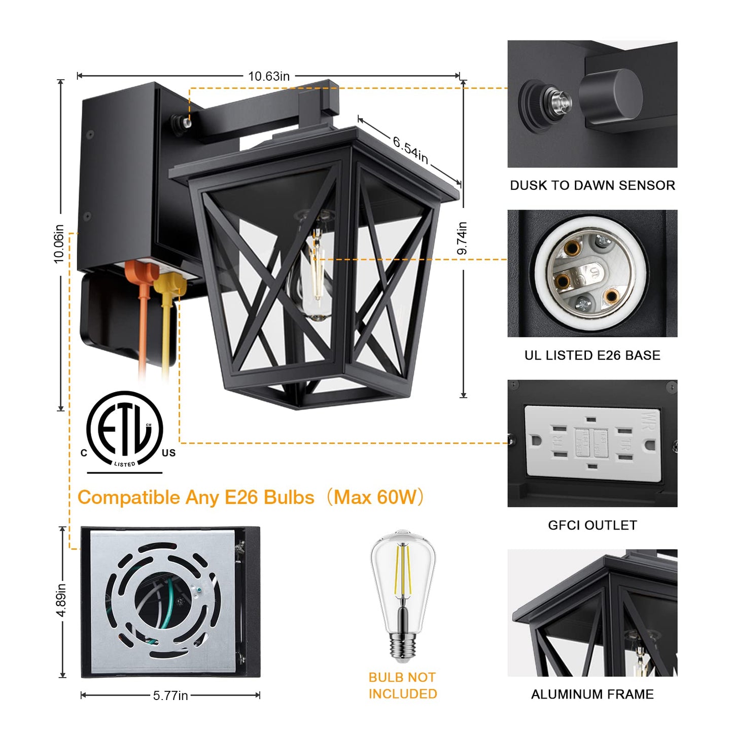 Ehaho Porch Lights with Outlet, Dusk to Dawn Outdoor Light with Outlet Built-in, Waterproof Anti-Rust Lantern Outside Light with GFCI Outlet, Wall Sconce Light with Plug for Front Door