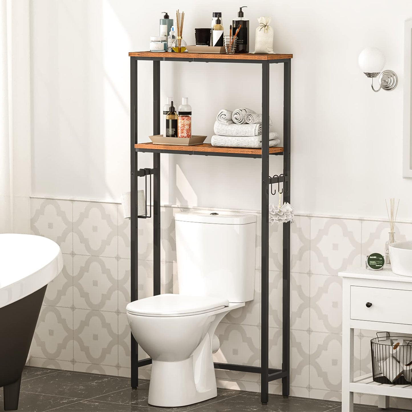 HOOBRO Over The Toilet Storage, 2-Tier Over Toilet Bathroom Organizer Shelf, with Toilet Paper Holder and Hooks, Sturdy and Durable, for Bathroom, Toilets, Rustic Brown and Black BF49TS01