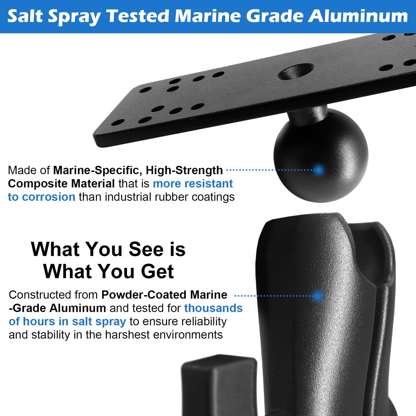 WINDFRD 1.5" Ball Medium Arm Marine Electronic Mount, Fish Finder Mount, Universal Mounting Plate with 1.5 inches / 38mm / C Size Ball Adapters, Compatible with Humminbird, Garmin, Lowrance and More
