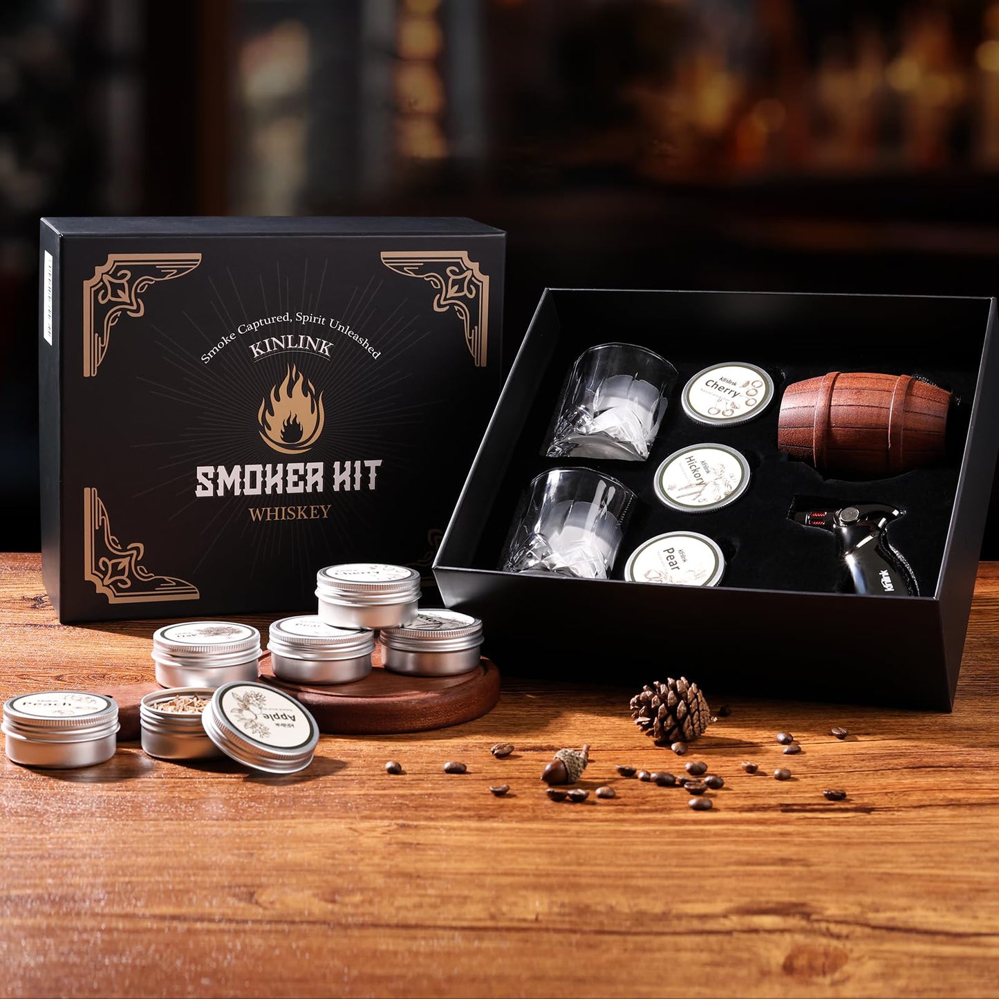 Whiskey Smoker Kit with Torch No Butane, 6 Flavors Wood Chips, 2 Whiskey Glasses, 2 Ice Ball Molds, Cocktail Drink Smoker Kit, Old Fashioned Smoker Kit, Birthday Anniversary Bourbon Gifts for Men Dad