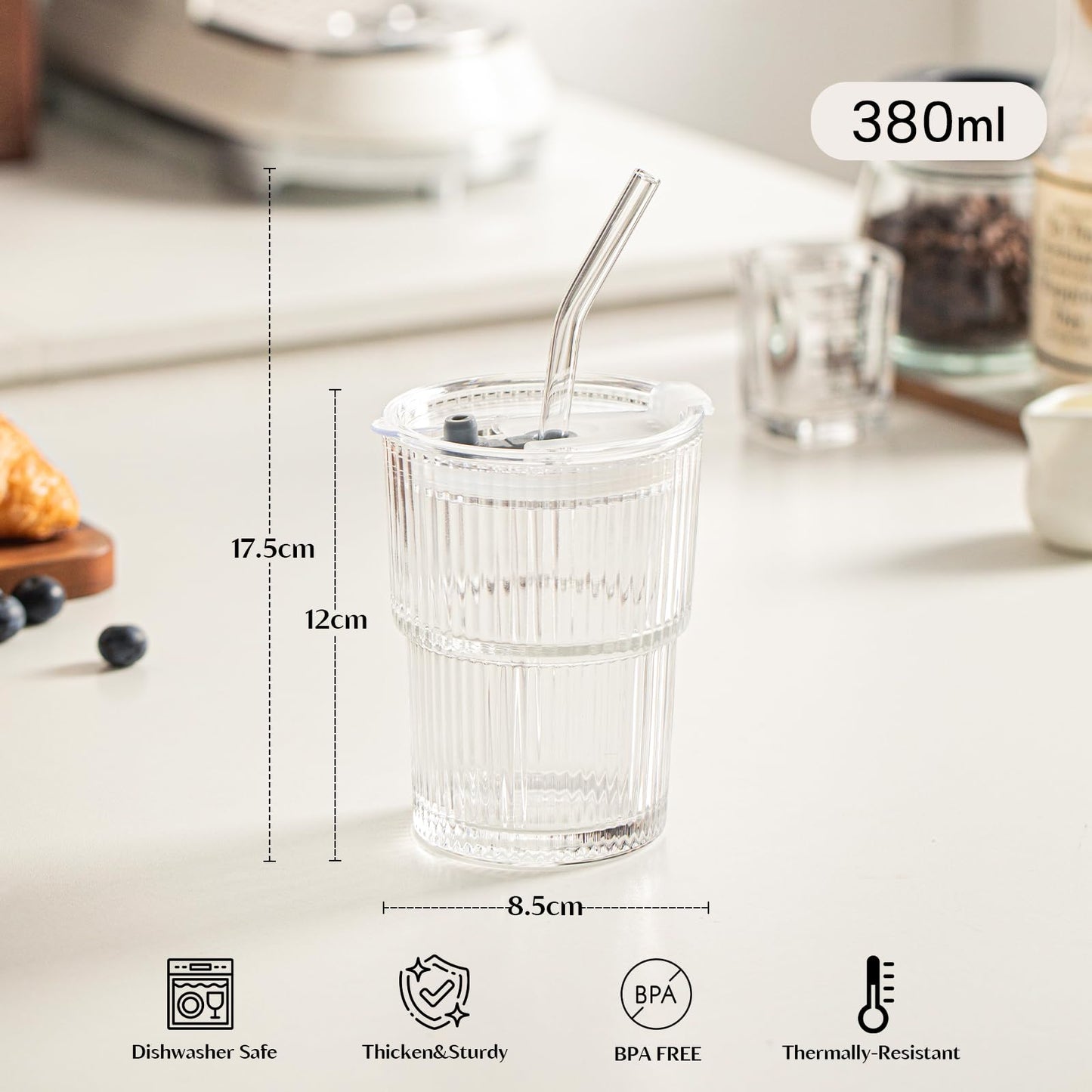 INSETLAN 13oz Glass Tumbler with Lid and Straw 4 Pack - Ribbed Glass Cup Iced Coffee Glasses, Clear Leakproof Tumbler Cup for Smoothies, Iced Latte,Matcha, Cold Drinks