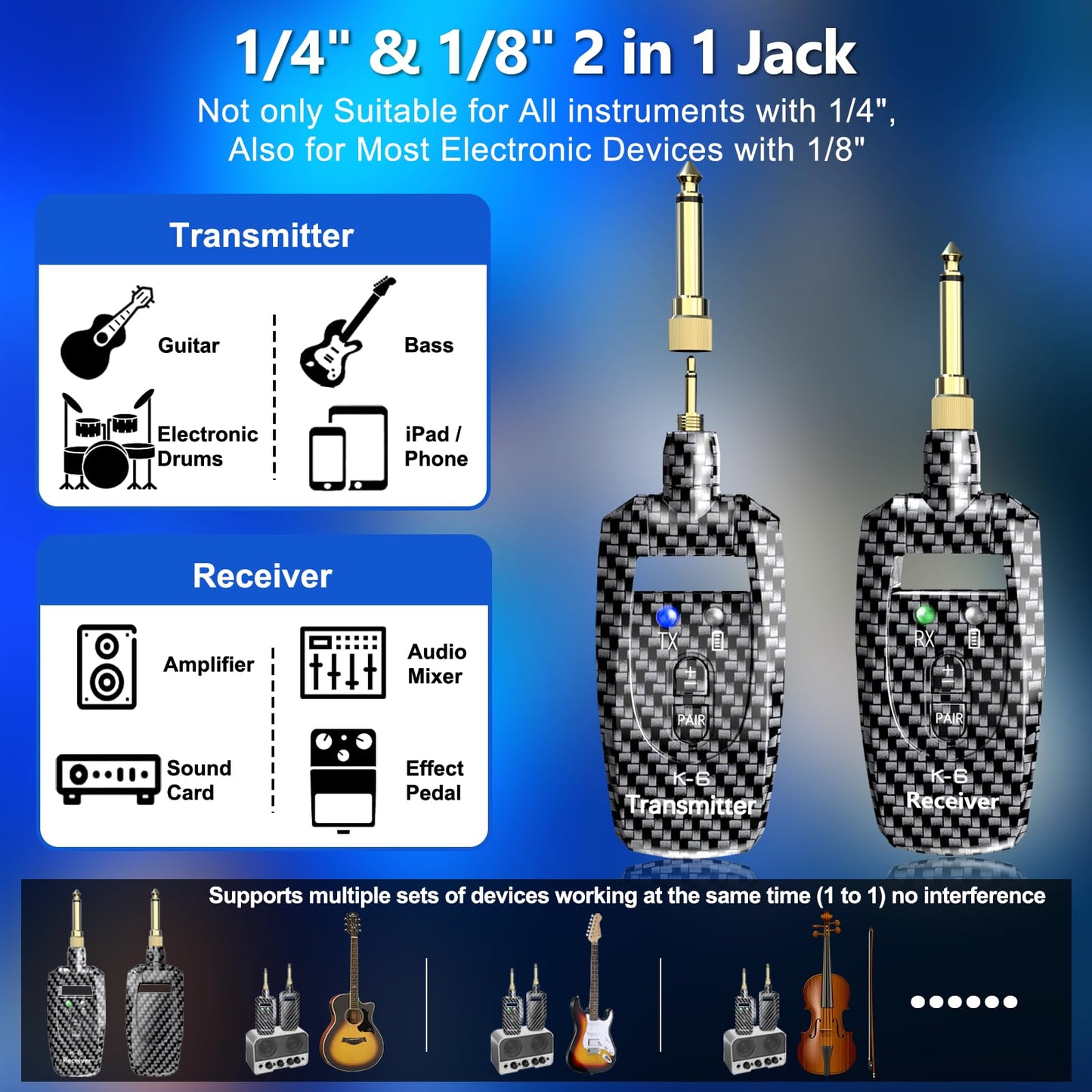 K6 Wireless Guitar Transmitter Receiver,2.4GHz Transmitter Receiver, 24-bit 48KHz Audio, 100ft Range, Rechargeable 5-Hour Battery, 250° Rotating Plug, No Latency for Electric Bass, Guitar Accessories