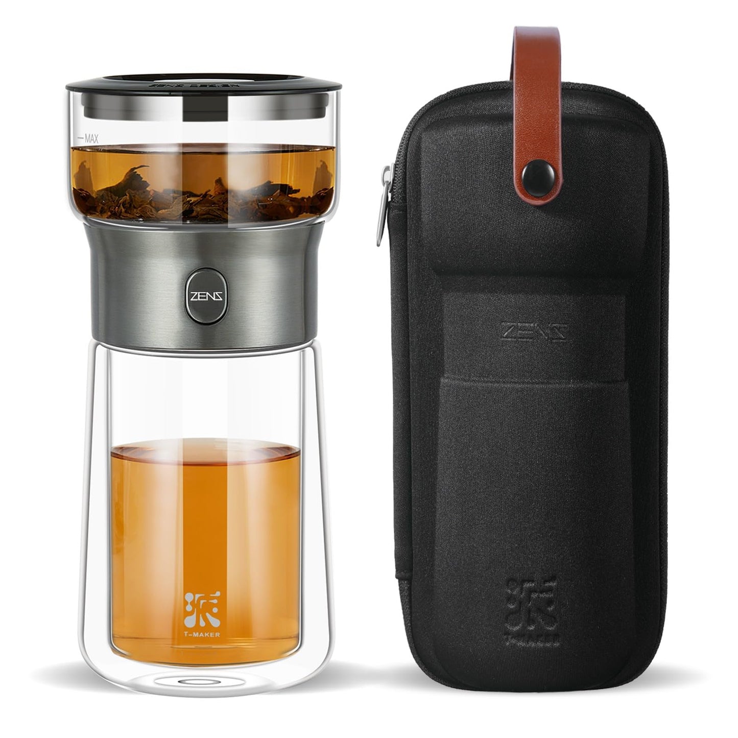 ZENS Modern Glass Tea Infuser Teapot, Smart One Touch Tea Maker for Loose Tea Diffusers with Insulated Mug and Portable Tea Kits, Cool Gongfu Tea Pot for Black Tea Lover Gifts