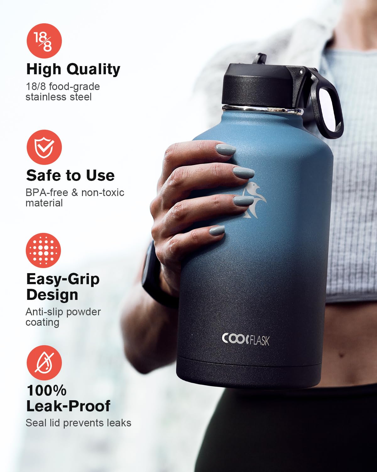 Half Gallon Water Bottle Insulated with Straw & 3 Lids, Coolflask 64 oz Water Jug Large Metal Stainless Steel Wide Mouth for Sports, Gym or Office, BPA-Free Keep Cold 48H Hot 24H, Magic Black