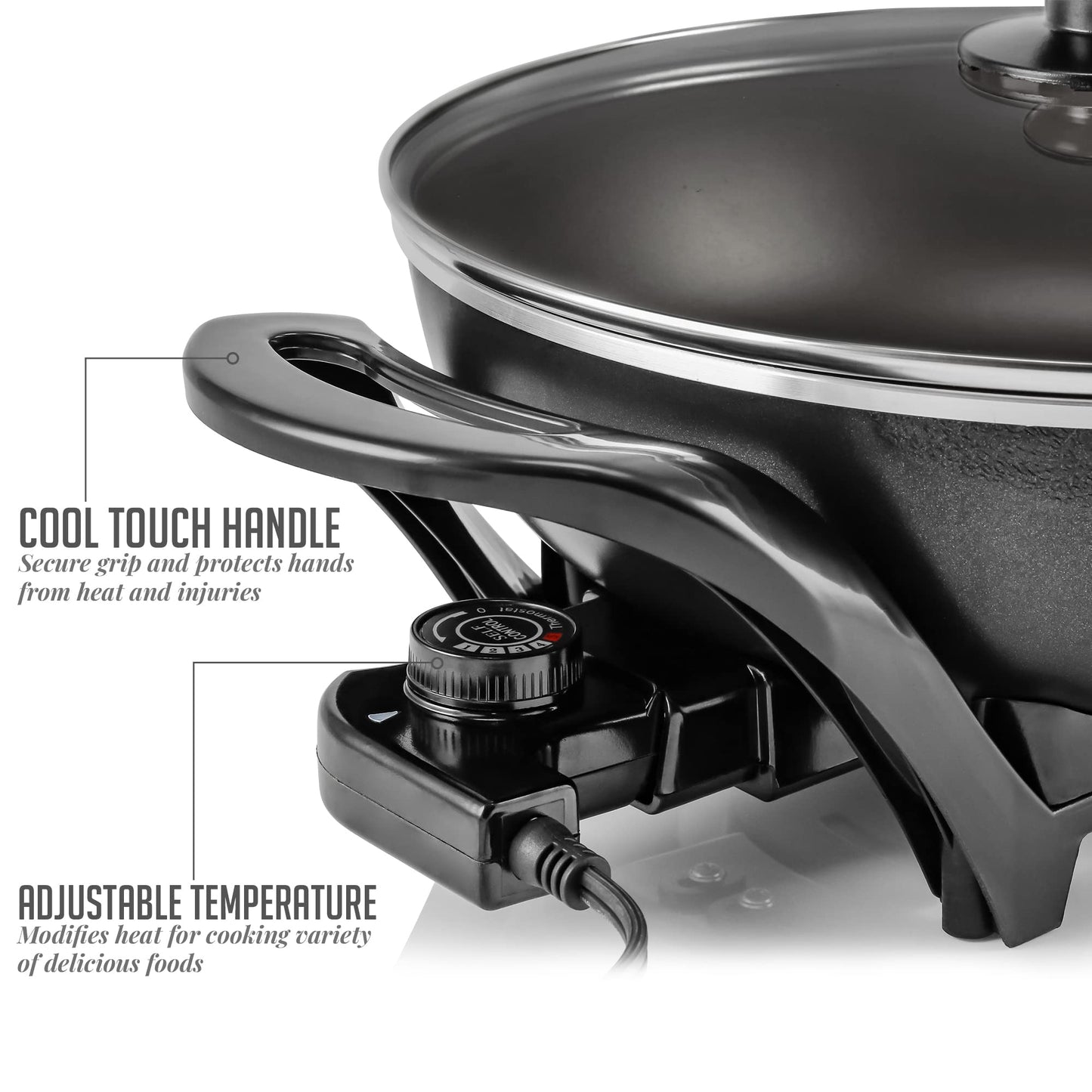 Ovente Sk3113B Non-Stick Electric Skillet with Aluminum Body, 13 Inch, Adjustable Temperature Controller/Regulator Included, Tempered Glass Cover, Cool-Touch Handles