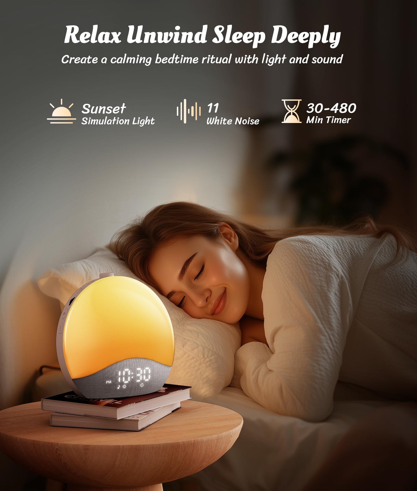 ecozy Sunrise Alarm Clock, White Noise Sound Machine, Alarm Clock for Bedrooms, 26 Soothing Sounds, 17 Night Lights, Bluetooth Speaker, Wake Up Sunlight for Heavy Sleepers, Adults, Kids