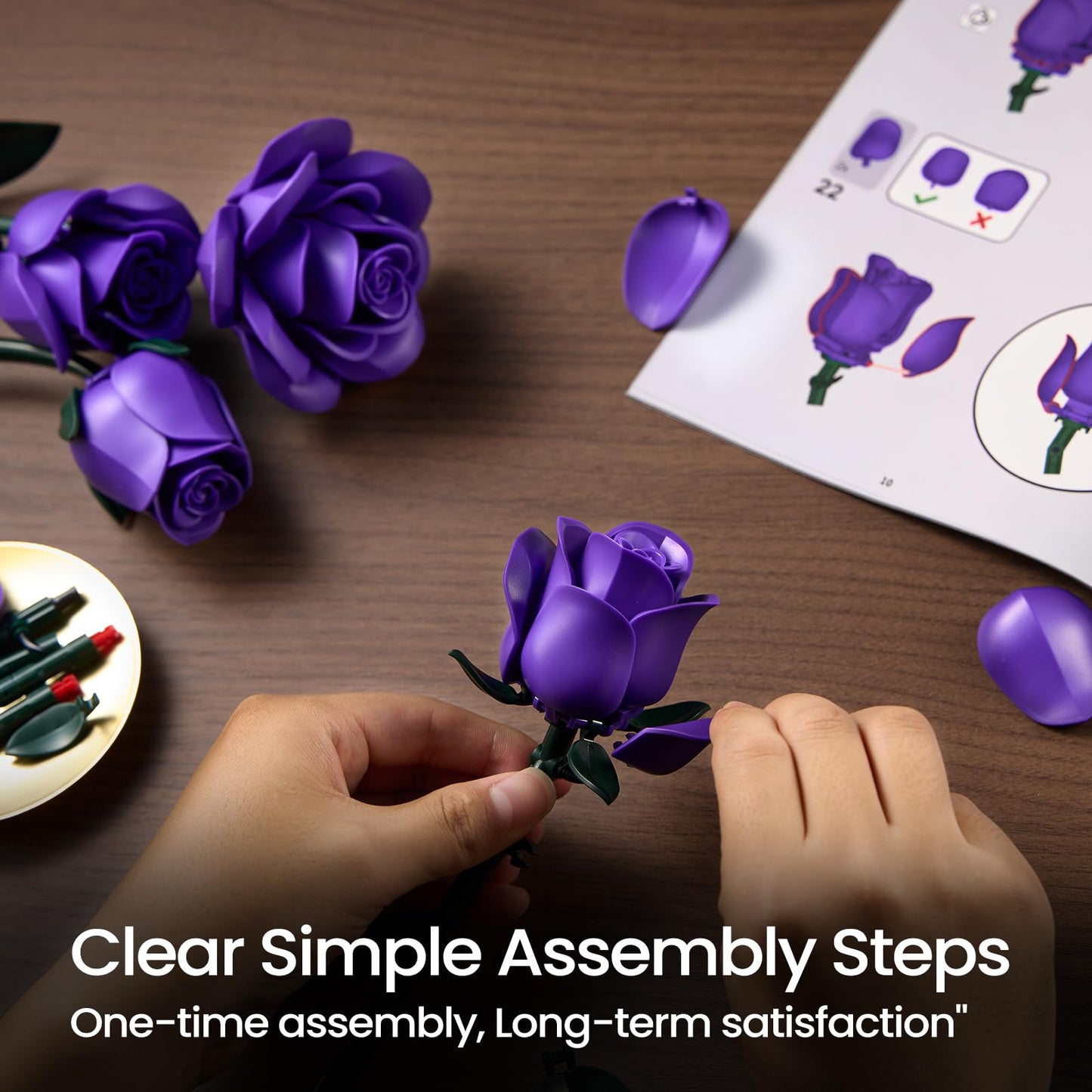 Botanicals Purple Rose Bouquet Building Set,Artificial Flowers Botanical Collection Blocks Kit,Compatible with Lego,for Adults Women Teengirls Gift for Valentines Halloween Christmas Gothic Home Decor