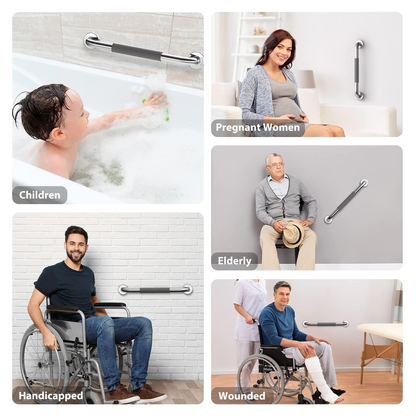 Opove 16" Grab Bars for Shower and Bathroom, Anti-Slip Shower Handles for Elderly, Seniors, Handicap & Pregnant Women, Gray (2 Pack)