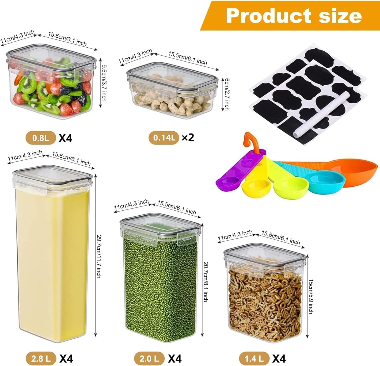 stusgo 18 Pack Airtight Food Storage Containers with Lids, BPA Free Clear Pantry Storage Container for Kitchen Food Pantry Organizers and Storage, Plastic Pantry Organiser for Cereal,Flour and Sugar