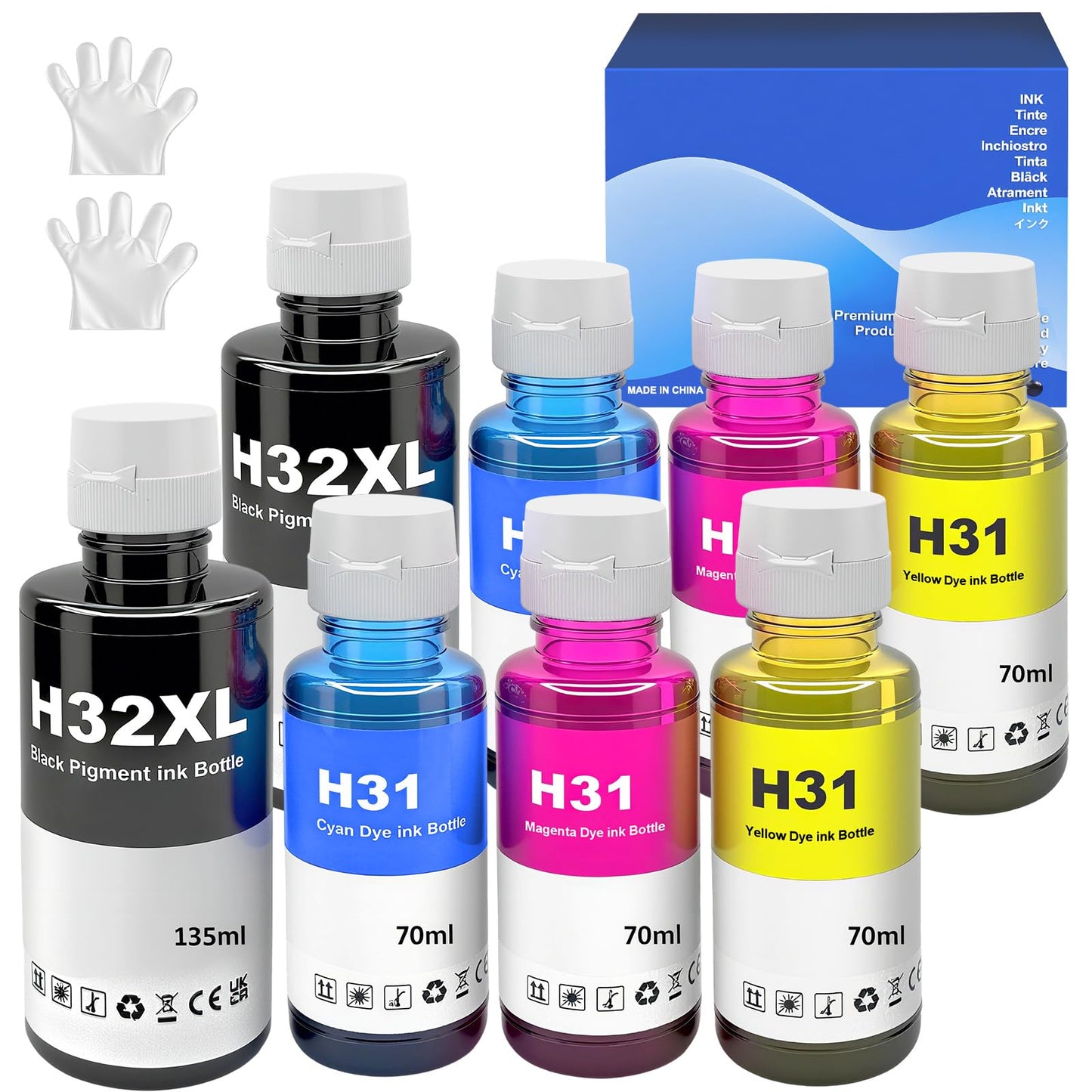 Compatible for HP 31 32XL Ink Bottle Set Compatible with HP Smart Tank 5101 5000 570 7602 6001 7301 7001 Plus 651 551 455 457 450 All-in-One Printer Ink (8-Pack, 2Black 2Cyan 2Magenta 2Yellow)
