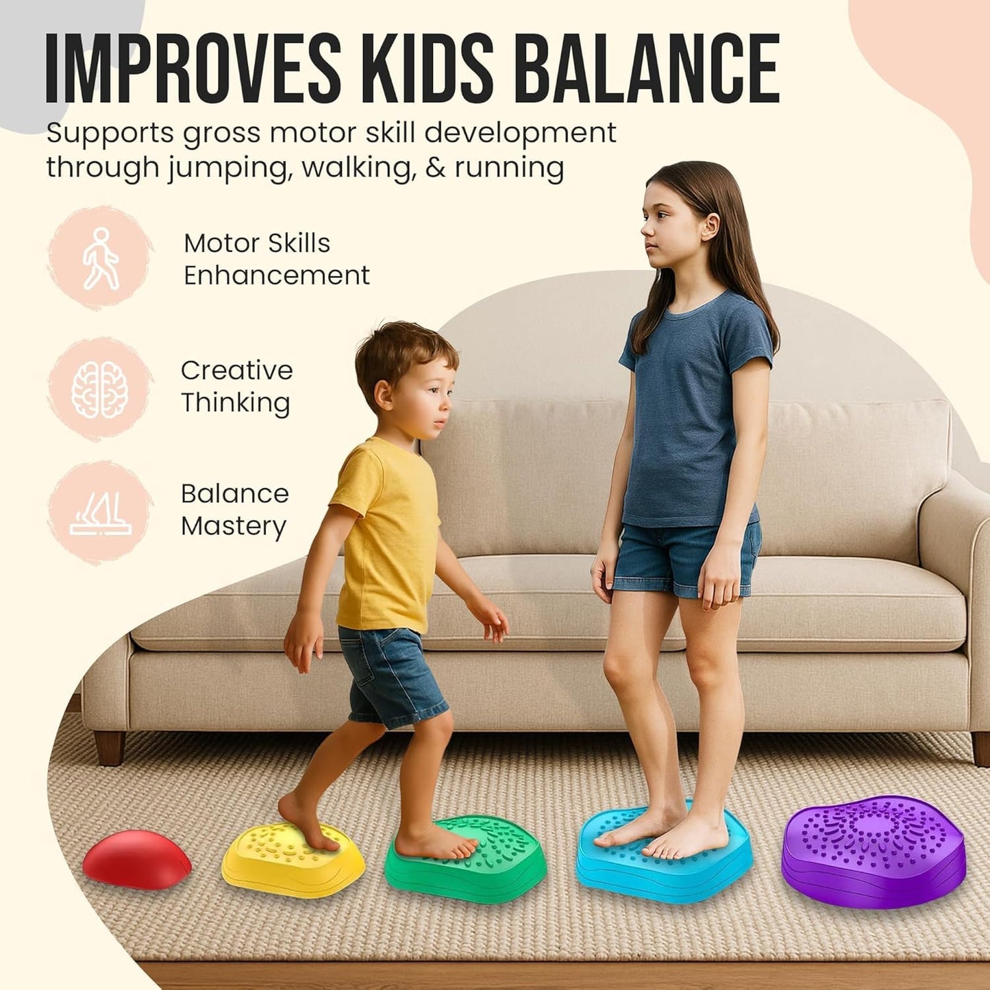 Kids Balance Board Stepping Stones – 6-Piece Non-Slip Obstacle Course for Toddlers 18M+, Sensory & Motor Skill Development, Indoor & Outdoor Play, Durable & Portable