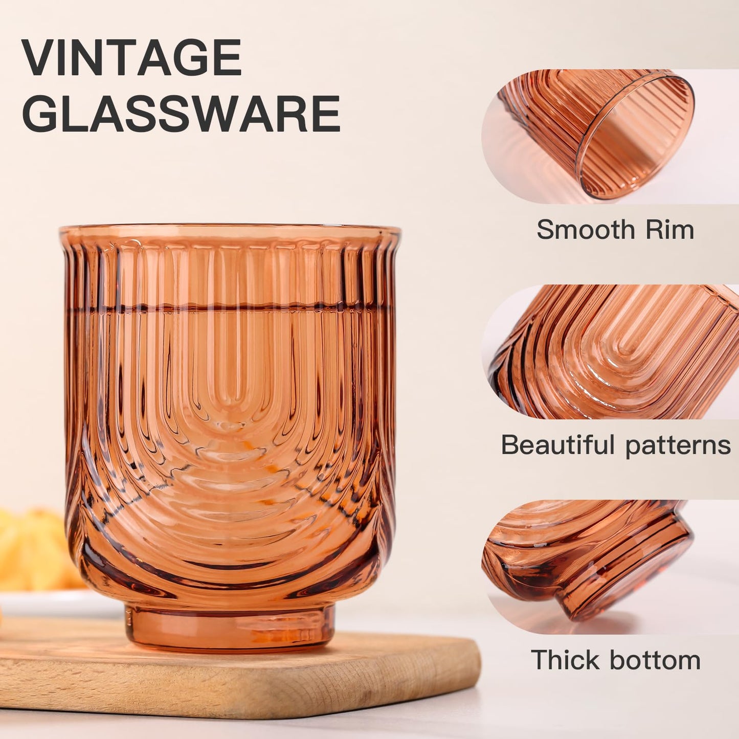 JOVGANK Amber Vintage Glassware Set of 6-14Oz Amber Water Drinking Glass, Art Deco Ripple Highball Glass, Whiskey Cocktail Glasses, for Bar Beverages Ice Coffee Juice, Housewarming Gifts