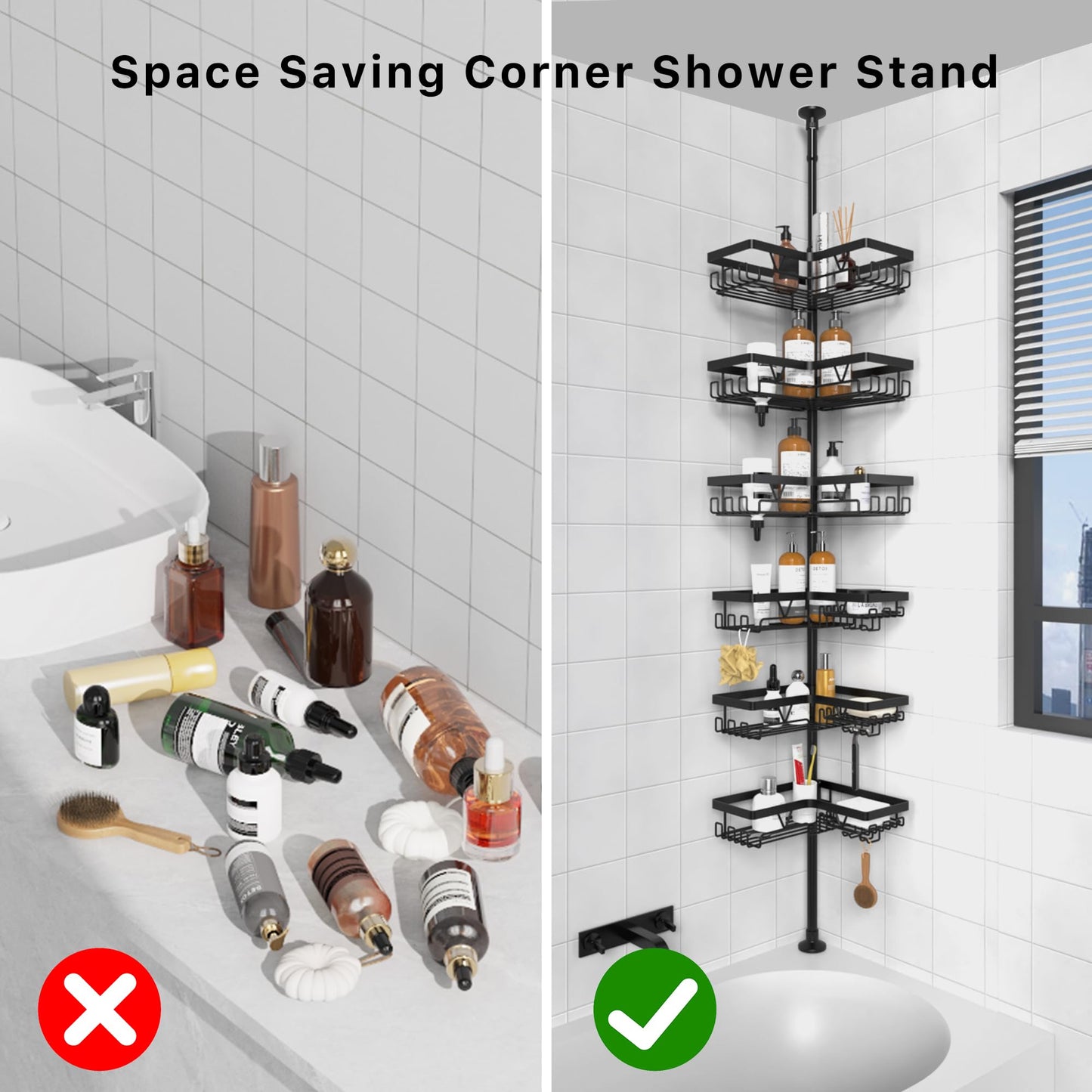 KEGII 6-Tier Corner Shower Caddy Tension Pole - Shower Tension Rod Organizer, Floor to Ceiling Shower Caddy 25-114.2 inch, Black