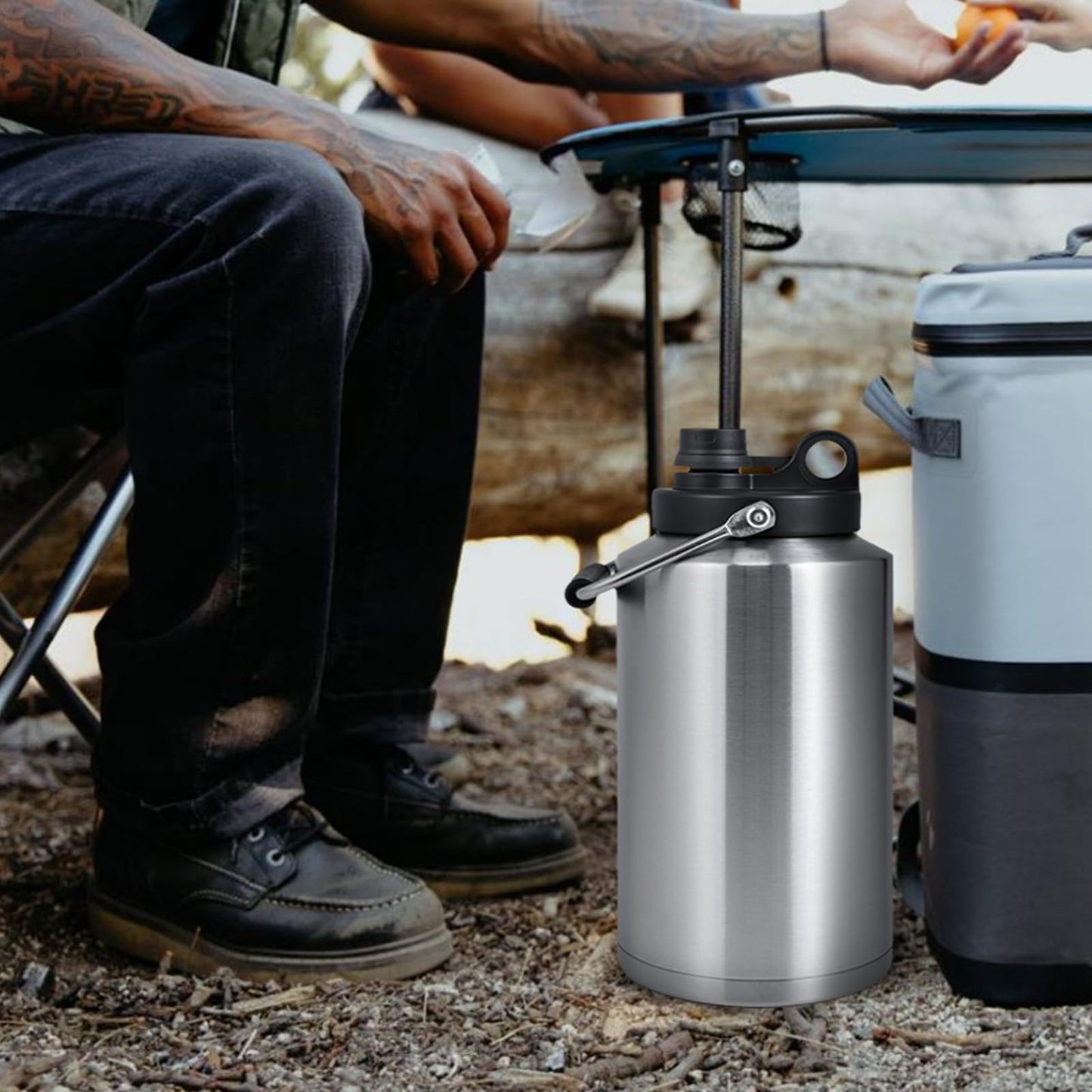 Insulated Gallon Jug with Handle, 1 Gallon, 128oz Stainless Steel, Large Double Vacuum Water Bottle for Hot & Cold Drinks, Wide Mouth, Sweat Proof, Great for Travel, Camping, Stainless