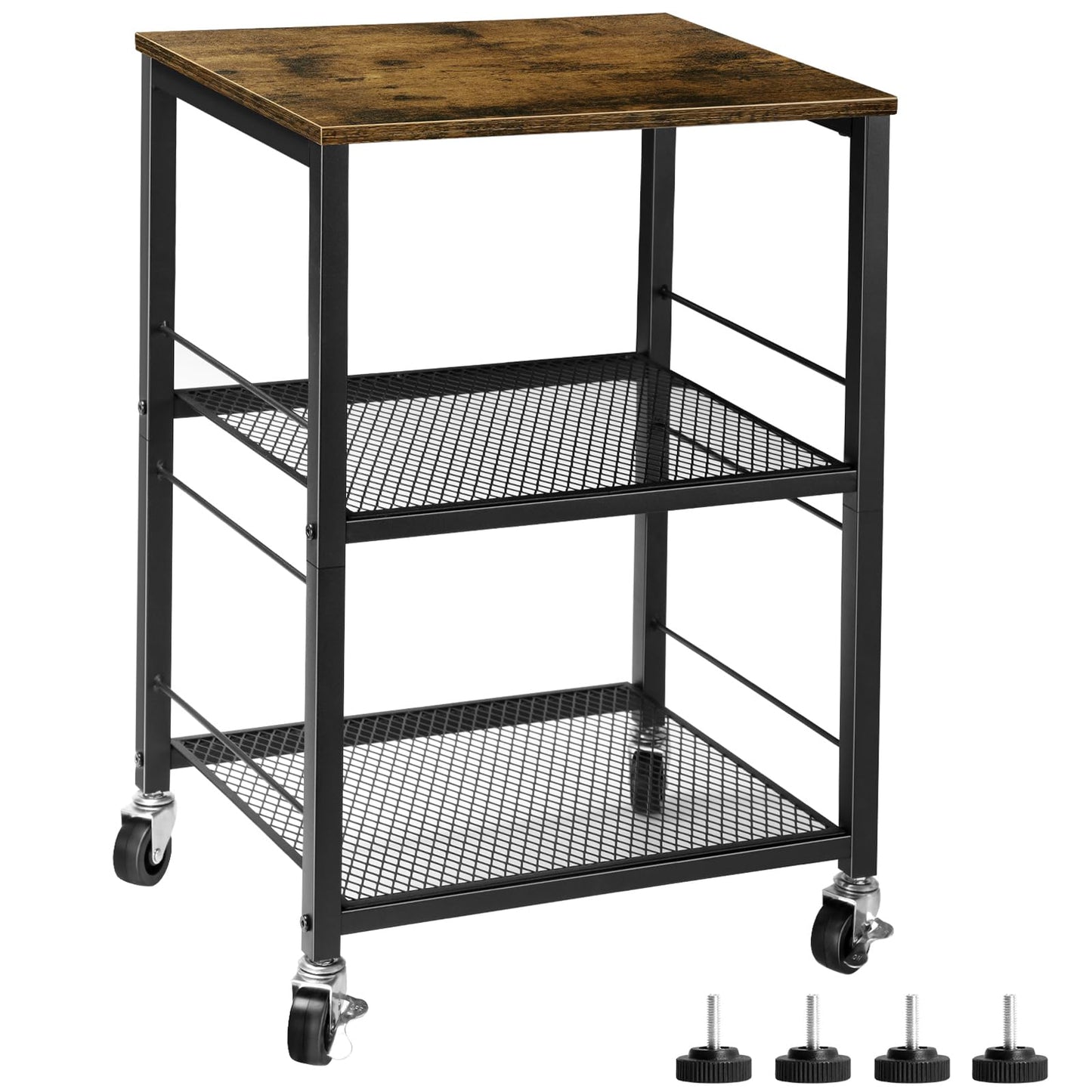 ETELI Side Table Small with Wheels Industrial Night Stand Storage Shelf 3 Tier Wood End Table with Metal Frame for Small Space Living Room Bedroom Kitchen Office