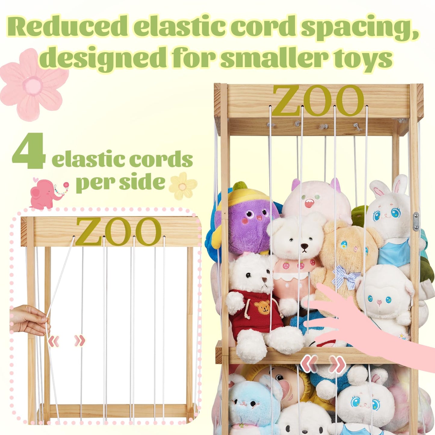 Trycooling Stuffed Animal Zoo Wood Stuffed Animals Storage Cage with Zoo Pattern Elastic Band for Nursery Play Room Bedroom (Wood)