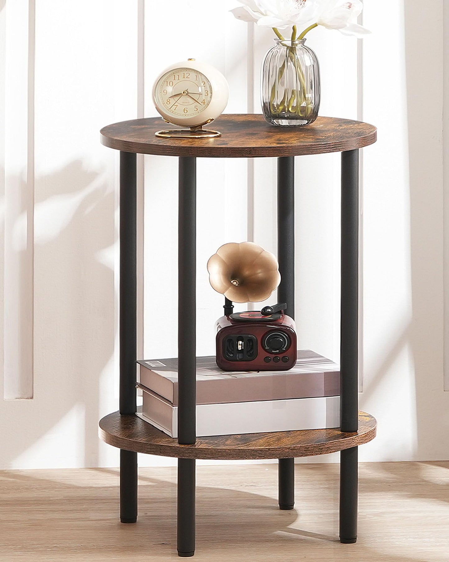 CHOEZON Round Side Table, 2-Tier End Table, Small Round Nightstand with Sturdy Metal Tube, Industrial Coffee Table, for Living Room, Bedroom, Rustic Brown and Black TBZ01BF
