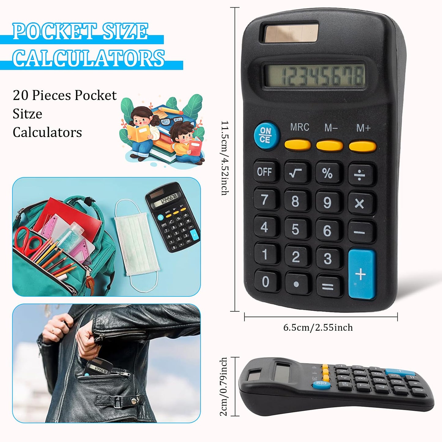 18 Pieces Basic Calculators, Pocket Size Mini Calculator Student Calculator Solar Battery Dual Power Handheld Calculator Bulk Small Calculator for Kids School Classroom Office Desktop, Black