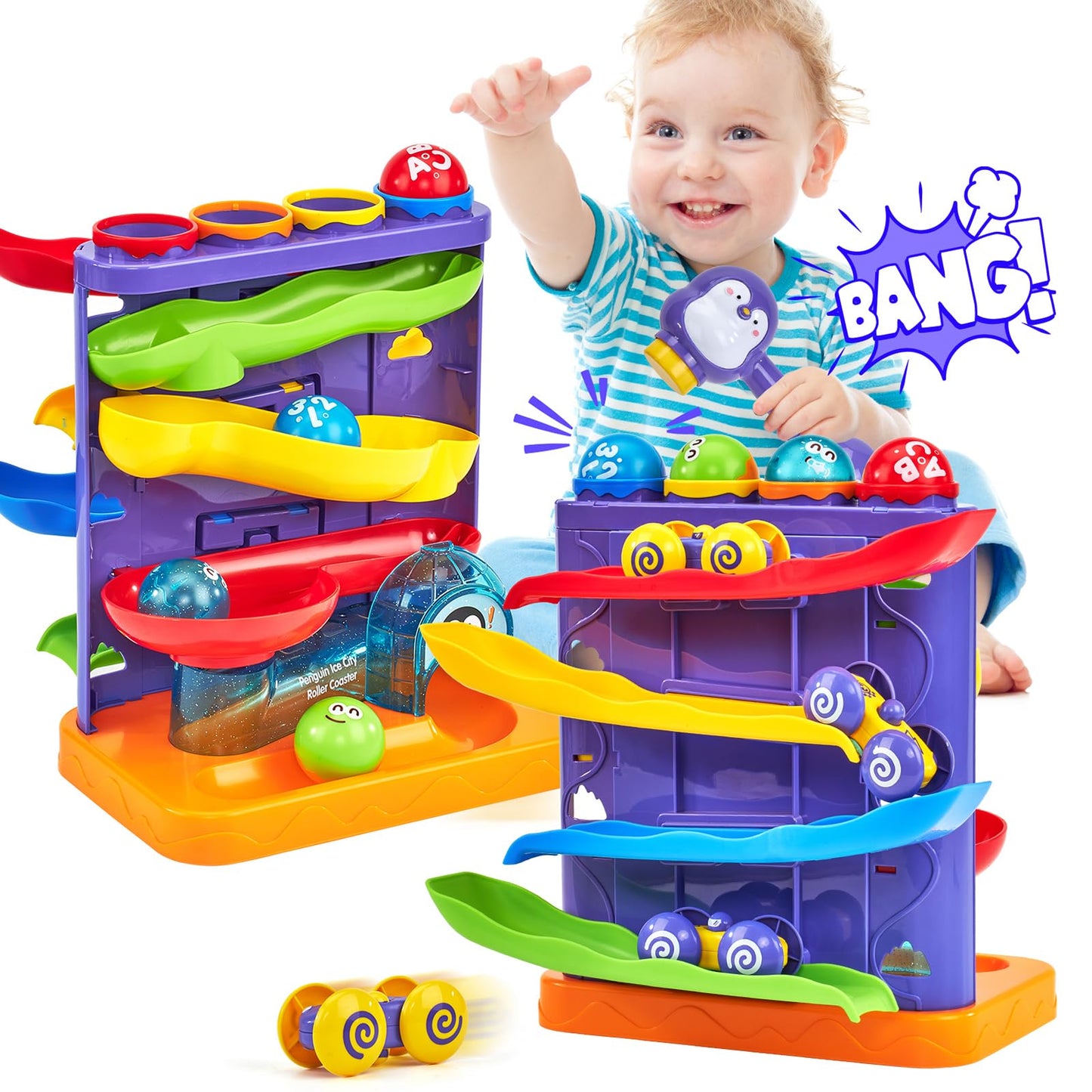 hahaland 2 in 1 Baby Toys 12-18 Months Development - Toddler Toys for 1 2 Year Old Boys Girls, Montessori Pound a Ball Hammer Toy, Toddler Car Ramp Toy for 1 2 Year Old Boy Girl Gifts 12M+