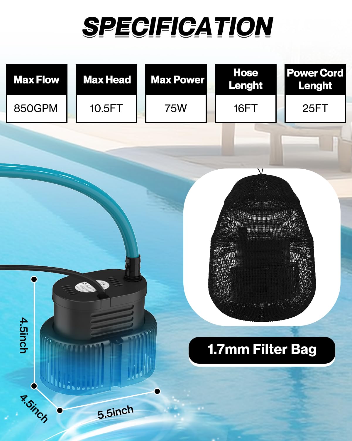 Pool Cover Pump Above Ground - Submersible Sump Pump, Swimming Water Removal Pumps, with Drainage Hose & 25 Feet Extra Long Power Cord, 850 GPH inGround, 3 Adapters Black