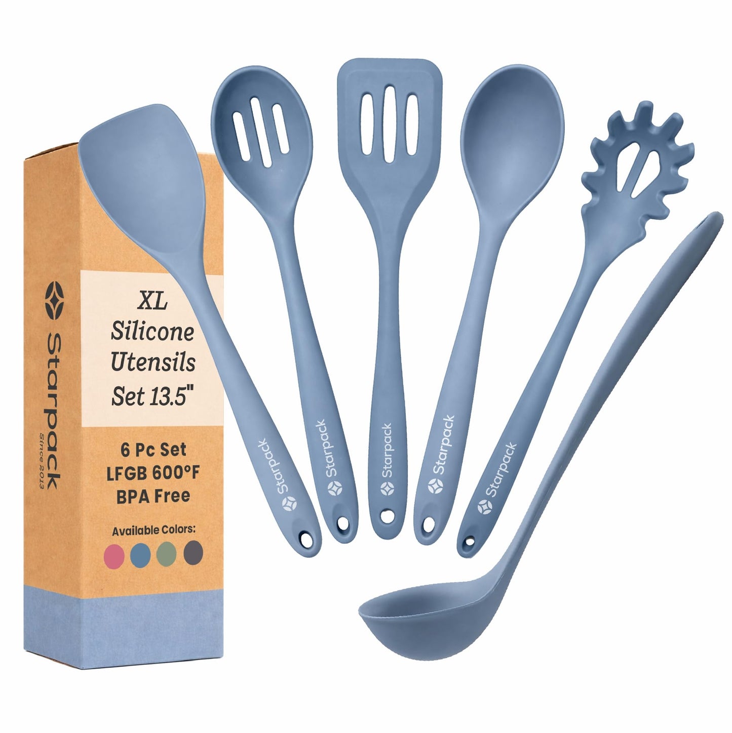 StarPack Premium Range XL Silicone Kitchen Utensil Set (6 Piece) in EU LFGB Grade with Hygienic Solid Coating + Bonus 101 Cooking Tips - Teal Blue