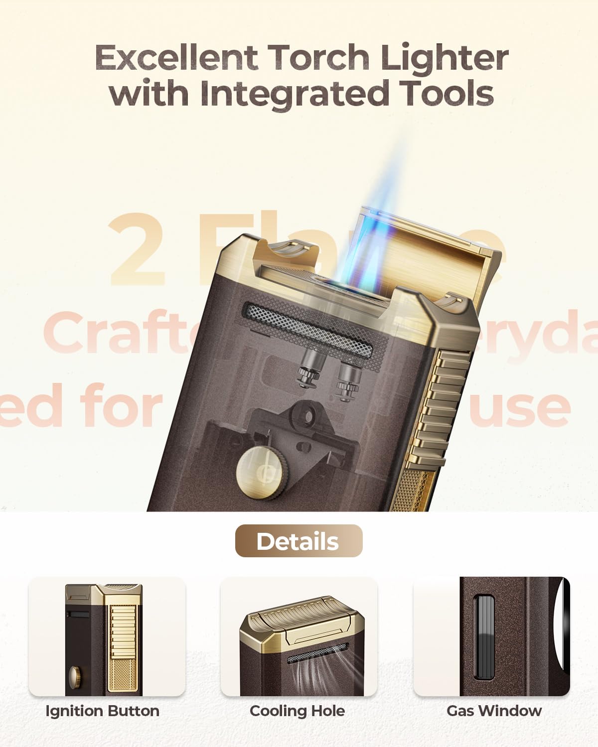 All-in-one Torch Lighter, Multifunctional Accessories with Gift Box (Brown and Gold (Brown and Gold)