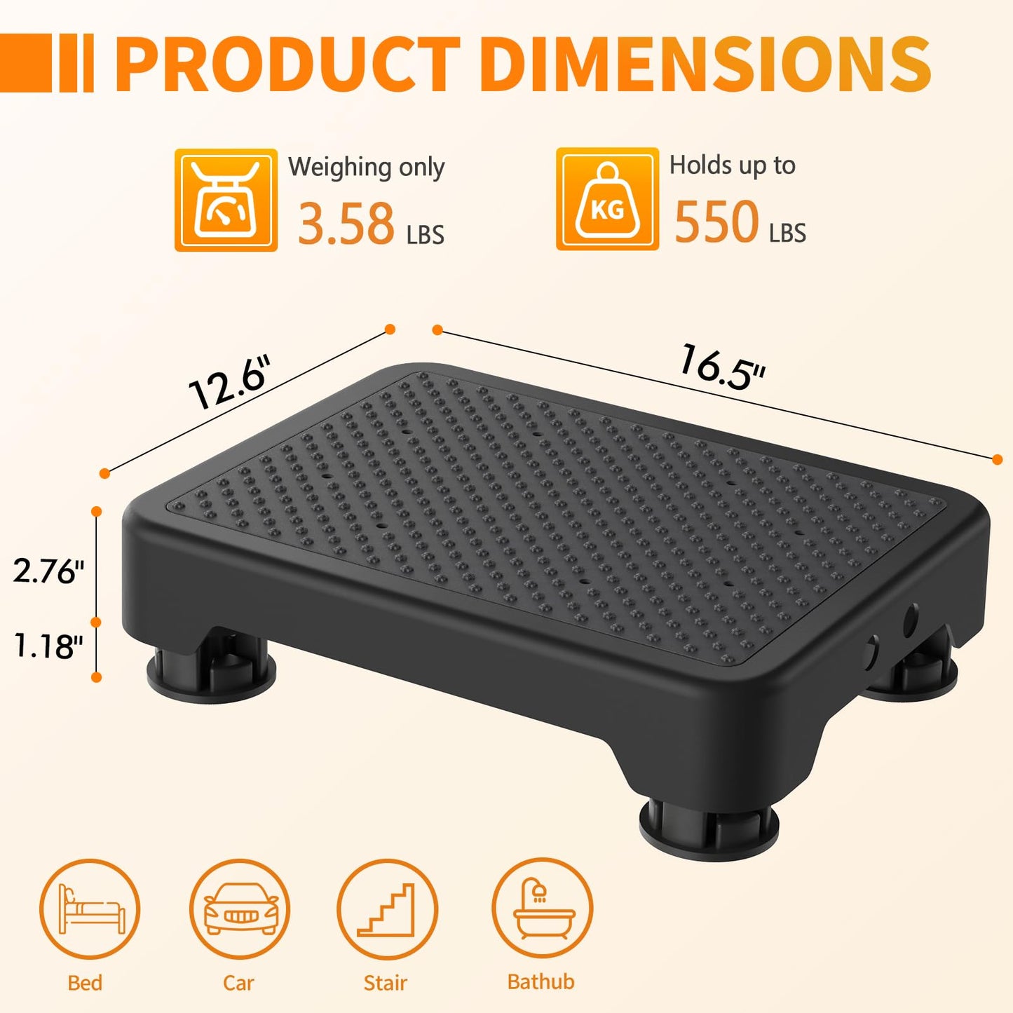 Ronlap One Step Stools for Adults, Portable Safety Step Platform for Seniors Small Plastic Bedside Mobility Wide Stepstools Elderly Assistance, Black-Black