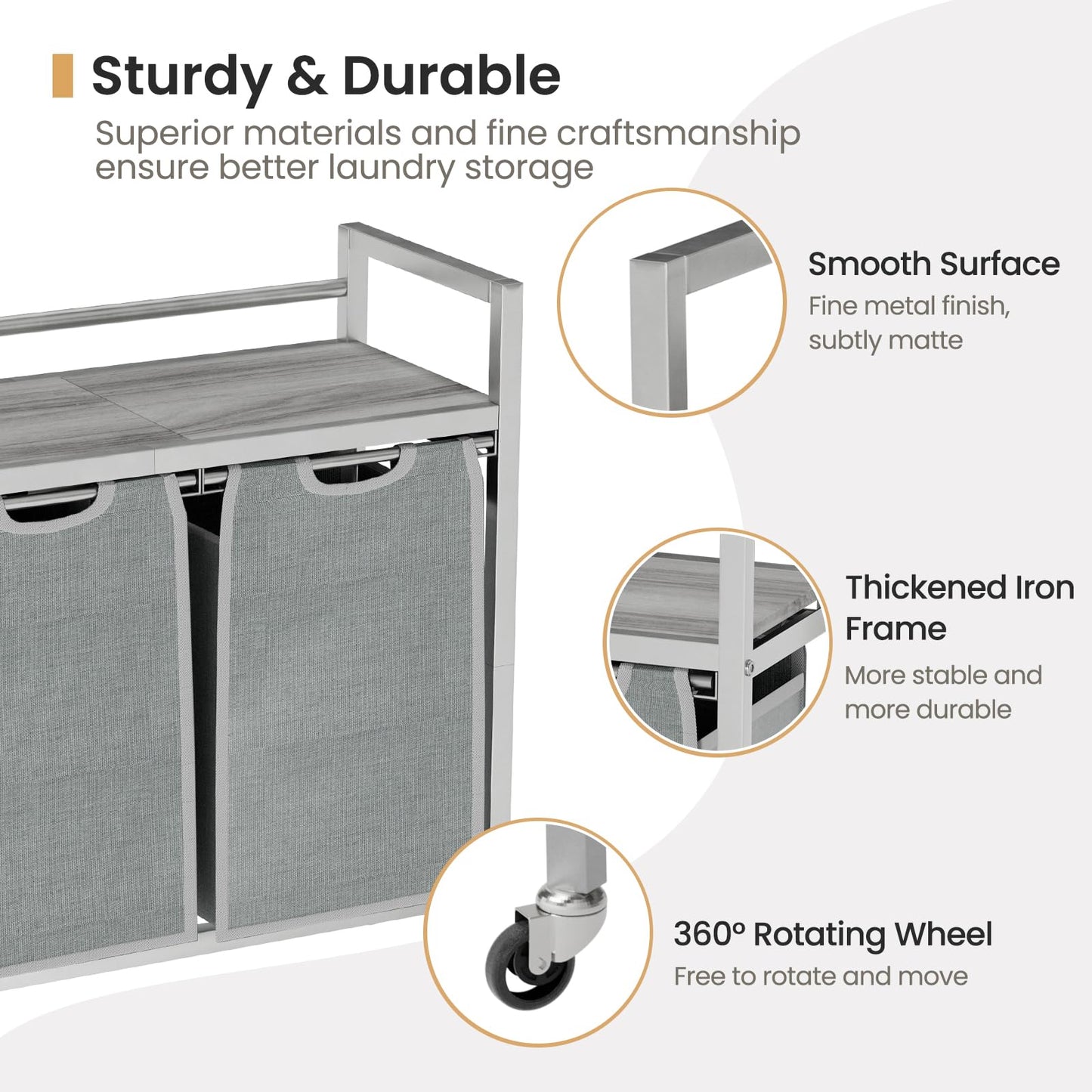 SwaaVee Laundry Hamper Basket, Laundry Sorter with 2 Removable Bags, Clothes Basket with 2 Compartments, Wheels, Shelf for Laundry Room Bathroom Bedroom (2 Bags-Grey)