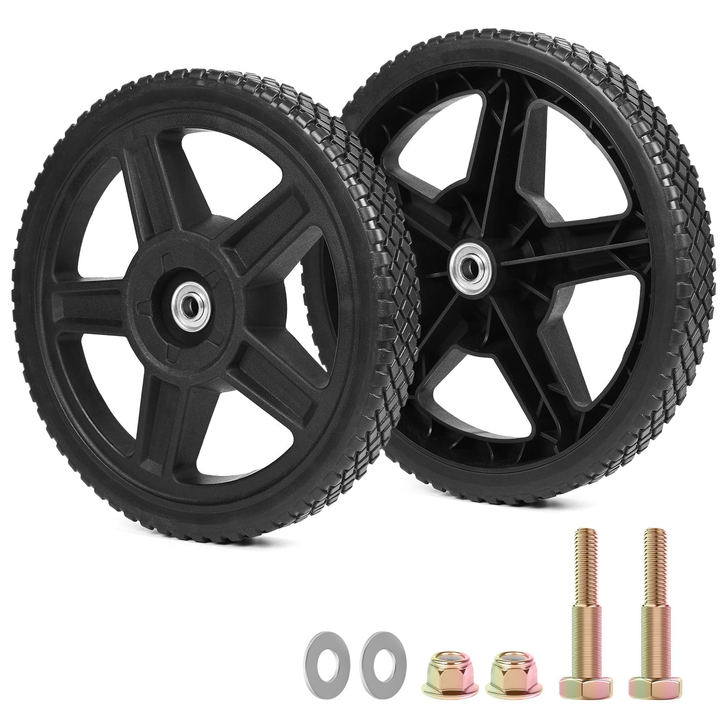 phepetroll 12 Inch Lawn Mower Wheels Kits Universal 12" Push Mower Wheels with 1/2" Bearing, Bolts & Nuts, Plastic Replacement Tires for Most Standard Garden Tiller, Pressure Washer, Handtruck, 2 Pack