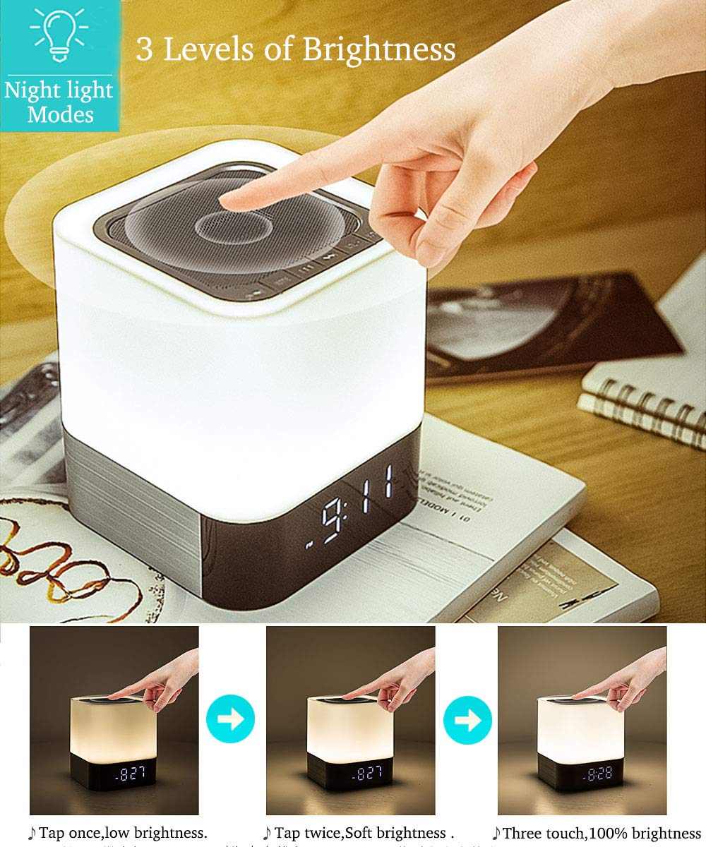 Night Lights Bluetooth Speaker,HoaBoly Alarm Clock Wireless Bluetooth Speakers,Touch Sensor Bedside Lamp,Color Changing Night Lights for Kids,MP3 Music Player, Speakerphone/TF Card/AUX-in Supported