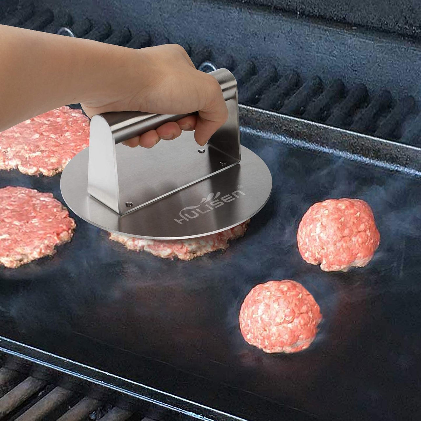 HULISEN Hamburger Tool Kit with Stainless Steel Round Burger Press, Grill Spatula and Spice Dredge Shaker, Burger Tools Griddle Accessories Kit for Camp Chef and Outdoor Grilling