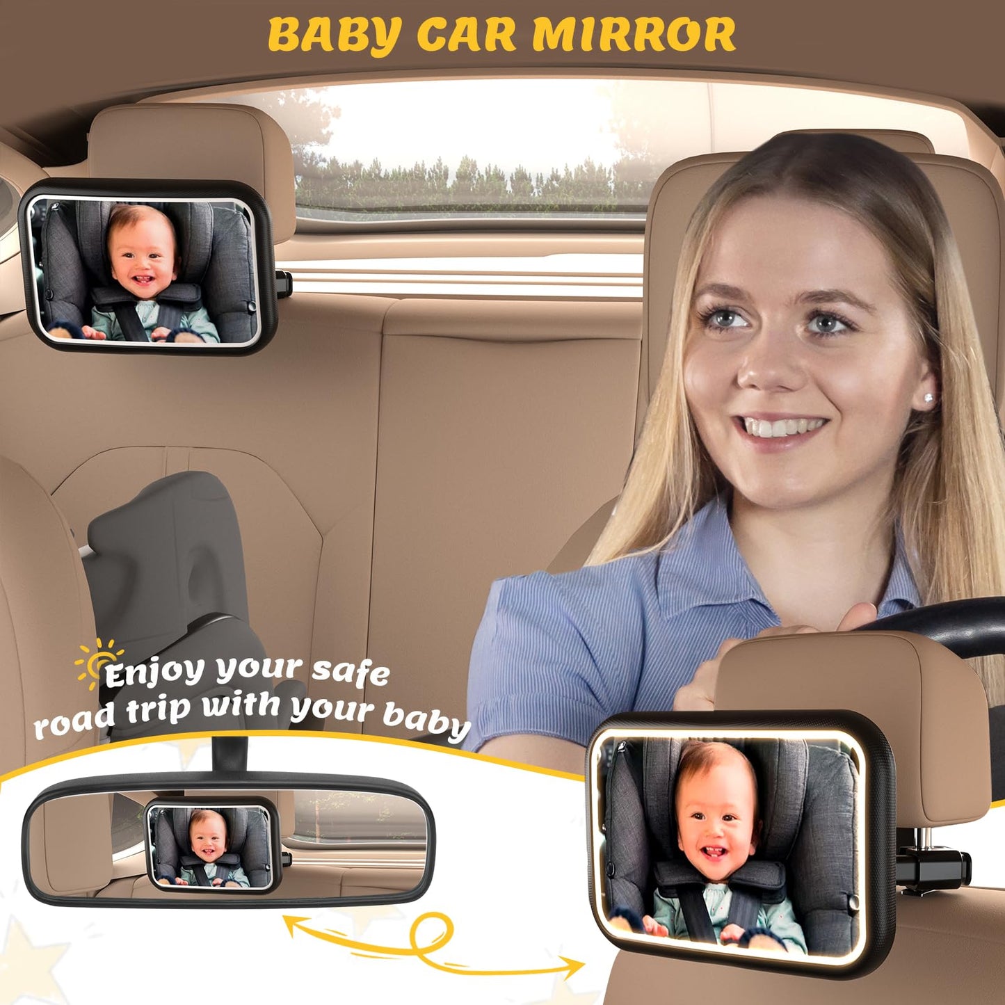 Fosucwin Baby Car Mirror with Light, 11 RGB Light Modes, 360° Rotation, Wide Angle, Remote Control, Shatterproof, Hook Clamp Design