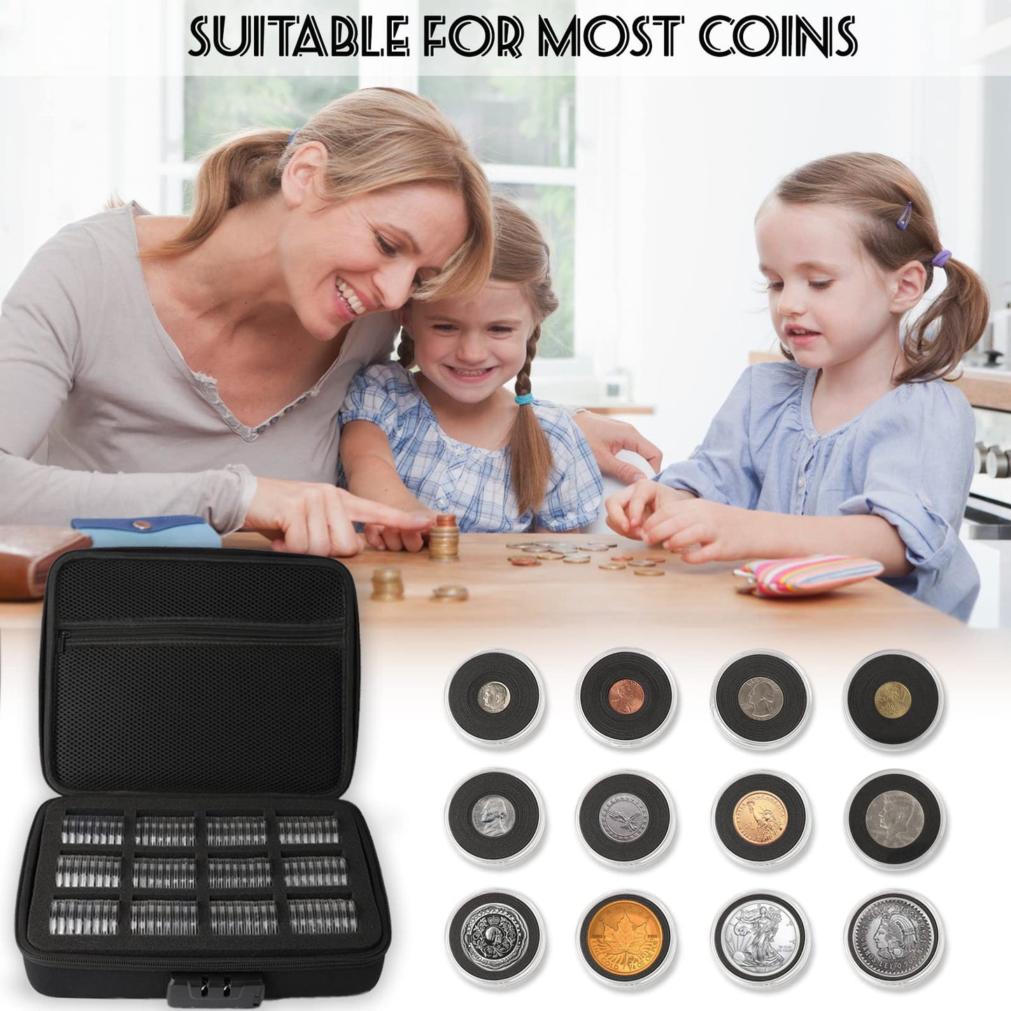WAEKIYTL 46mm Coin Capsules with 11 Sizes Foam Gasket and Plastic Storage Organizer Box, Coin Storage Case with Lock Coin Collection Supplies for Dime,Cent,Nickel,Quarter,Silver Dollar,Half Dollar