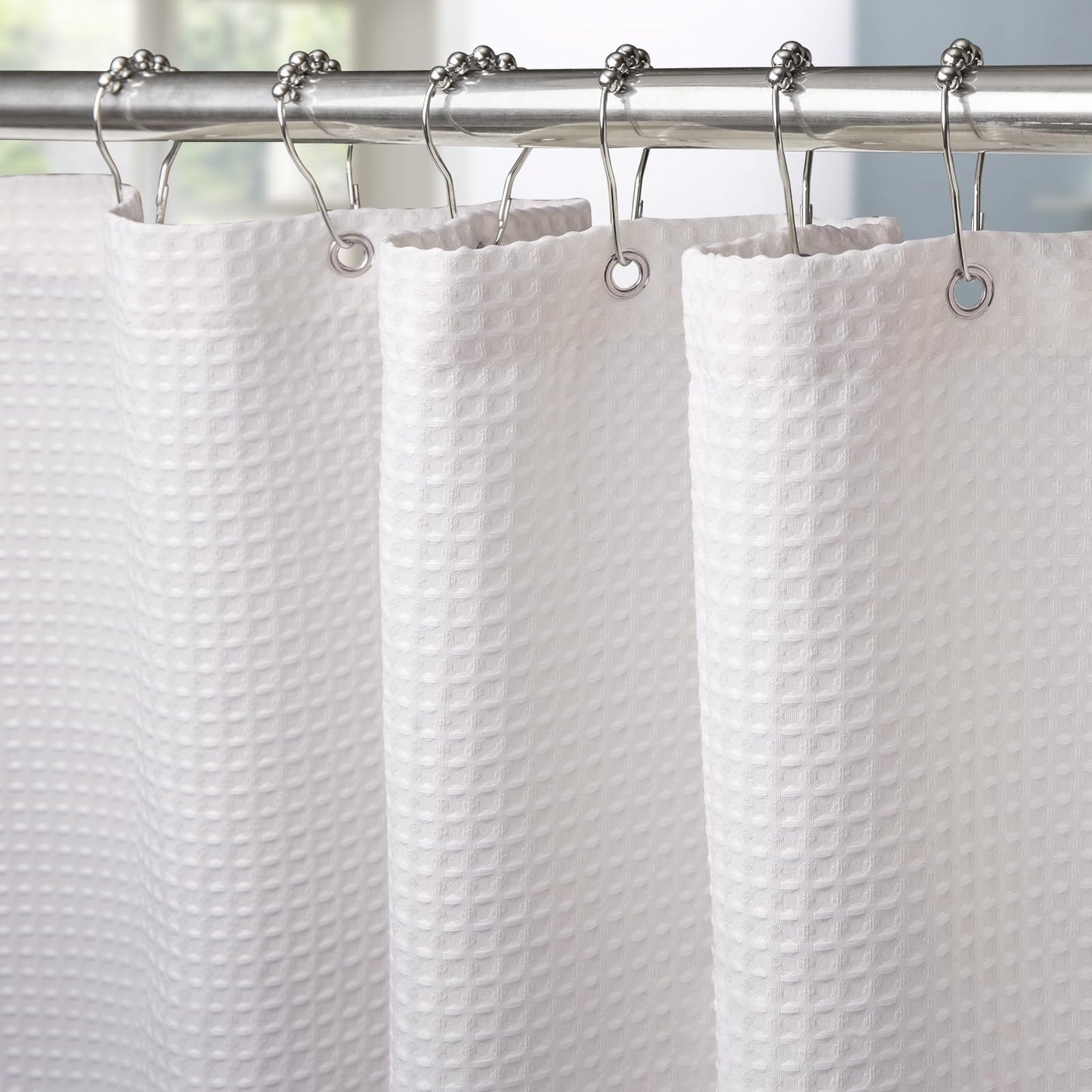 Waffle Weave Shower Curtain with Stainless Steel Hooks - 256 GSM Heavy Duty Fabric Bath Curtains, Hotel Luxury Quality, Water Resistant, Machine Washable, Weighted Hem, 72 x 72 Inches (White)