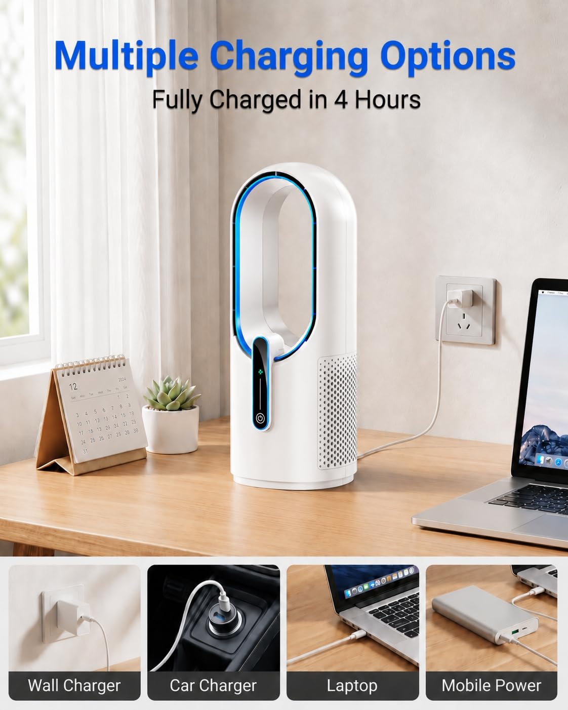 Misby Desk Fan, 11.8 Inch Portable Bladeless Fan, Small Quiet Rechargeable Fan with Battery, 3 Speeds, Touch Control, Easy to Clean, Personal Table Fan for Bedroom,Home,Office (White)
