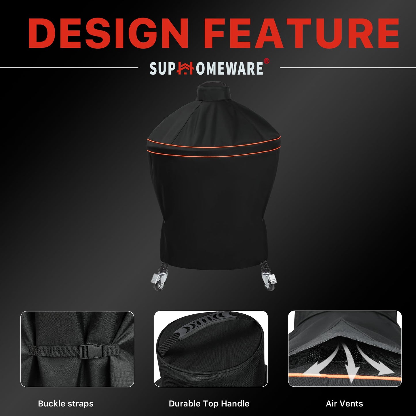Suphomeware Grill Cover for Kamado Big Joe 24 Inch, Waterproof Heavy Duty Black Grill Cover