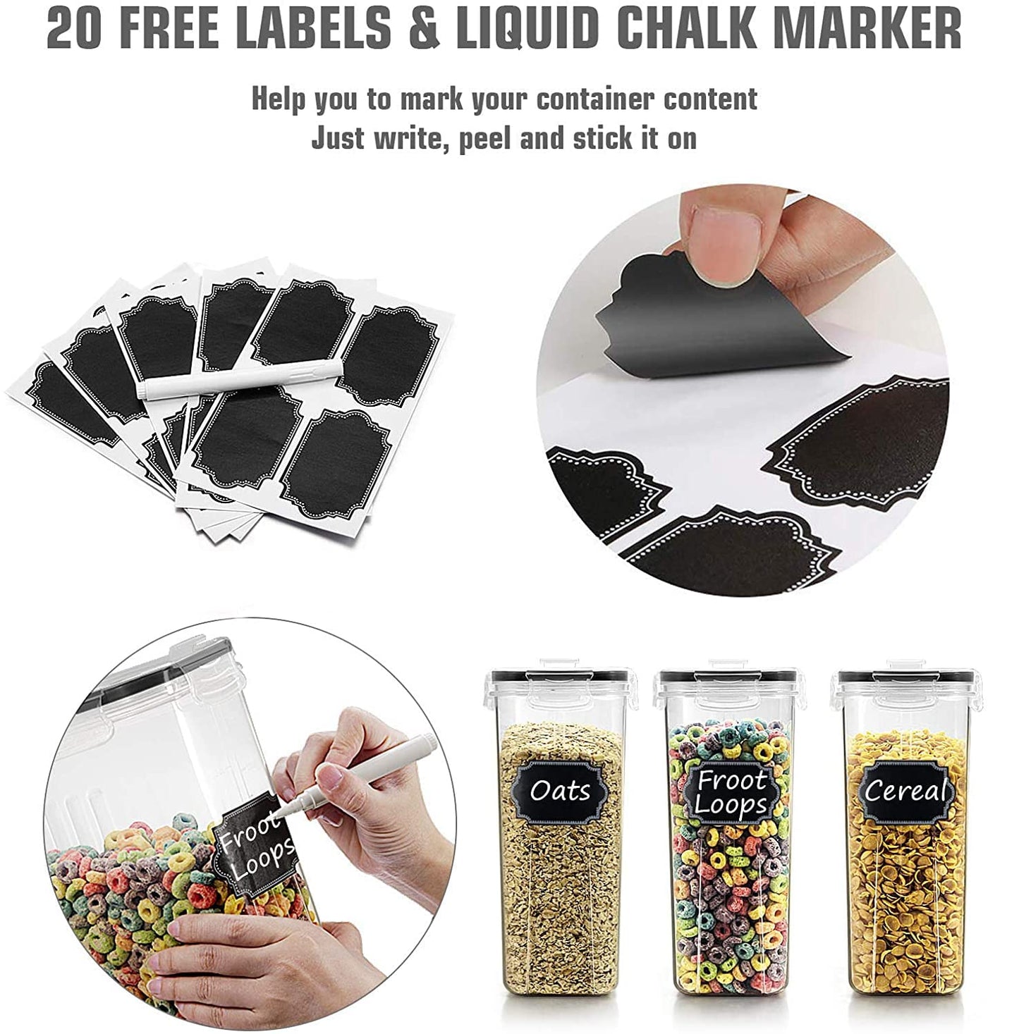 Wildone Cereal & Dry Food Storage Containers, Airtight Cereal Storage Containers Set of 8 [2.5L / 85.4oz] for Sugar, Flour, Snack, Baking Supplies, Leak-proof with Black Locking Lids