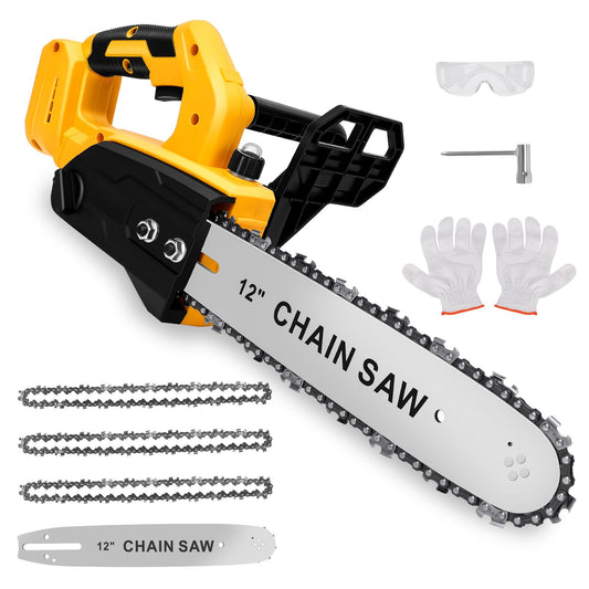 Brushless Chainsaw Compatible with Dewalt 20V Battery, 12 Inch Mini Chainsaw Cordless with 3 Chains and Security Lock Handheld Electric Chainsaw for Wood Cutting, Tree Trimming (No Battery)