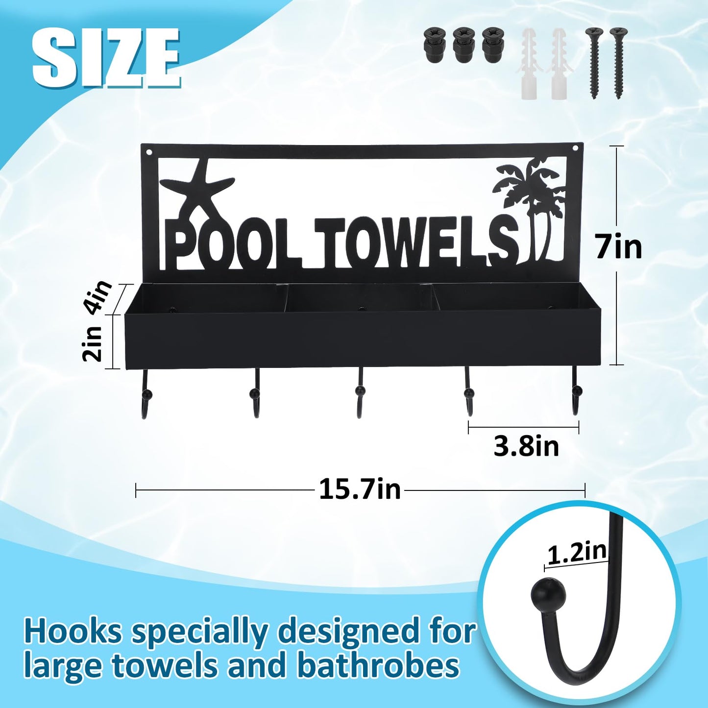 Pool Towel Rack - 2-in-1 Outdoor Poolside Beach Washcloth Drying Rack Holder, Wall Mounted Metal Hooks Decor for Bath Towel Storage, Robe Swimsuit, Coat, Bags, Phone, Keys - Black