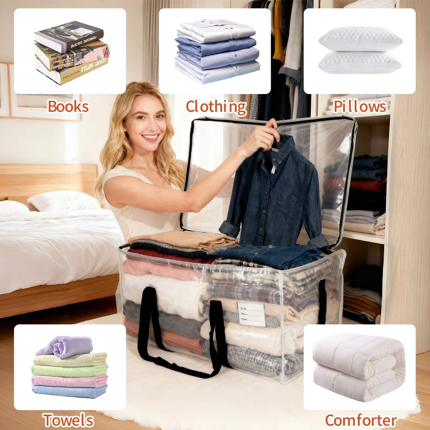 STEUGO 6-Pack Large Moving Bags Heavy Duty, 95L Moving Boxes Alternative Storage Totes with Zipper, Waterproof Packing & Storage Bags for Clothes, College Supplies and Home Organization, Clear