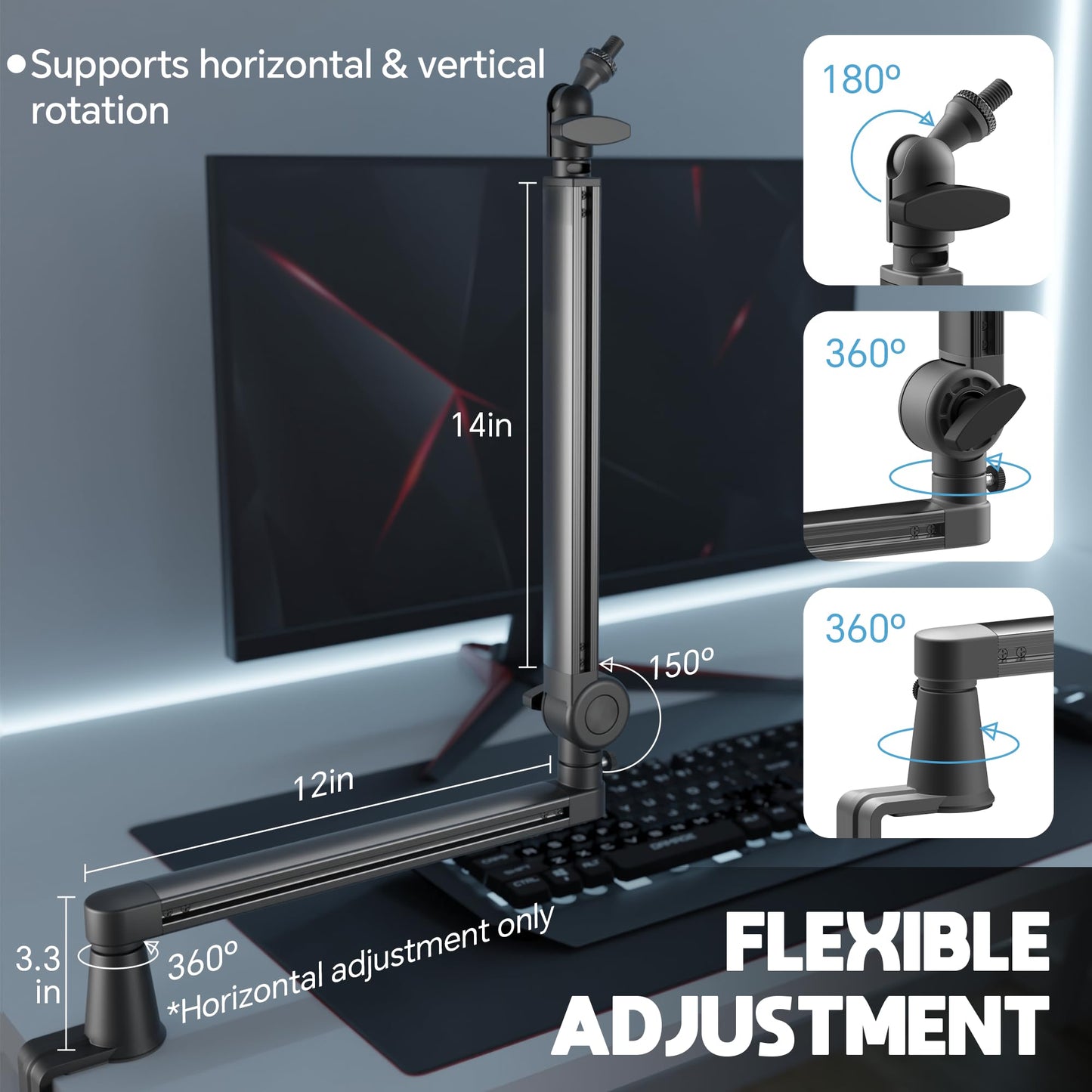 Low Profile Mic Arm, Microphone Boom Arm, Full Aluminum Adjustable Mic Stand with Desk Clamp, 360° Rotatable Heavy Duty Microphone Stand for Streaming, Podcasting, Recording