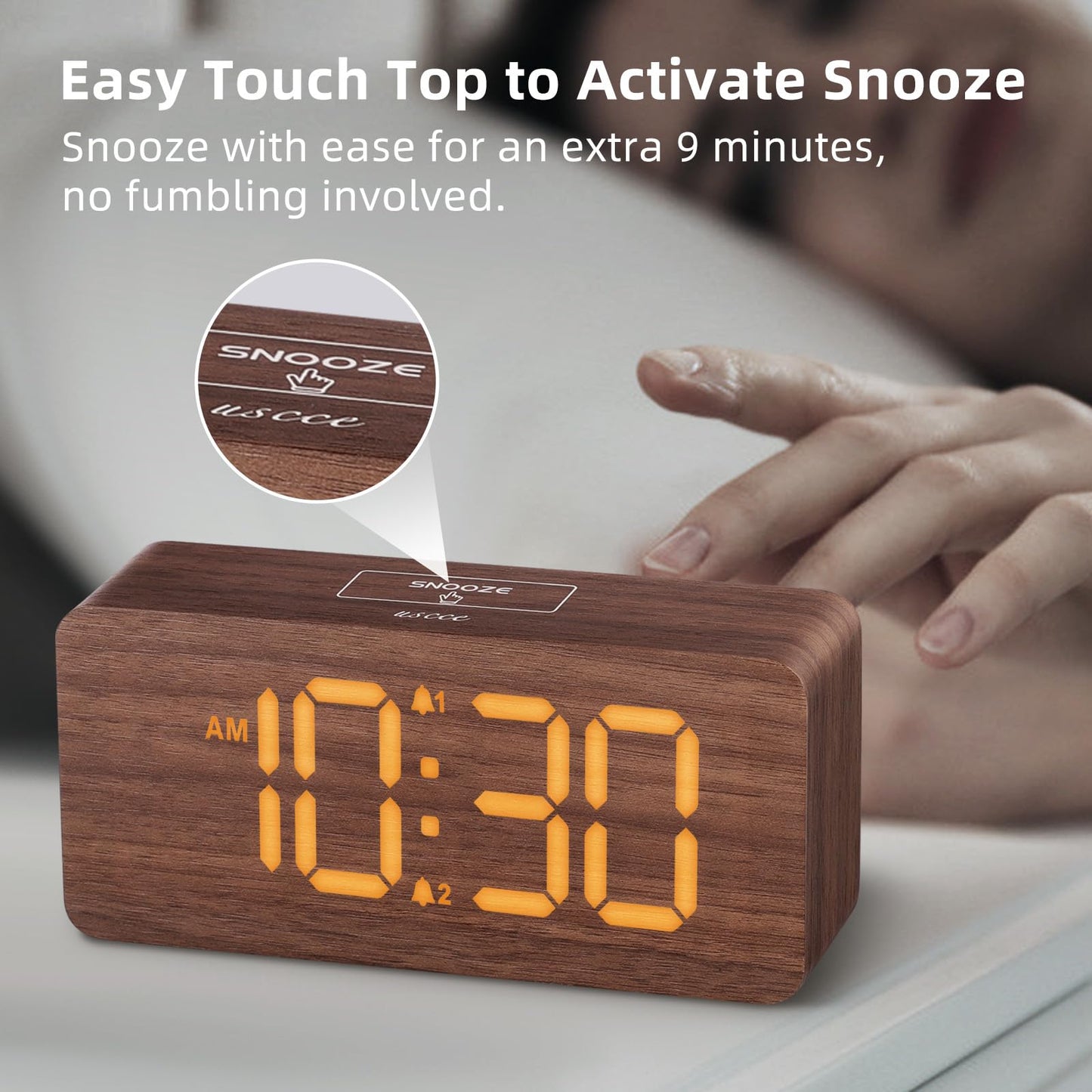 Wooden Digital Alarm Clocks for Bedrooms: Dimmable Dual Alarm Clock with Large Numbers for Bedside Desk - Loud Alarm for Heavy Sleepers with Volume Control - Wood Decor & Gifts