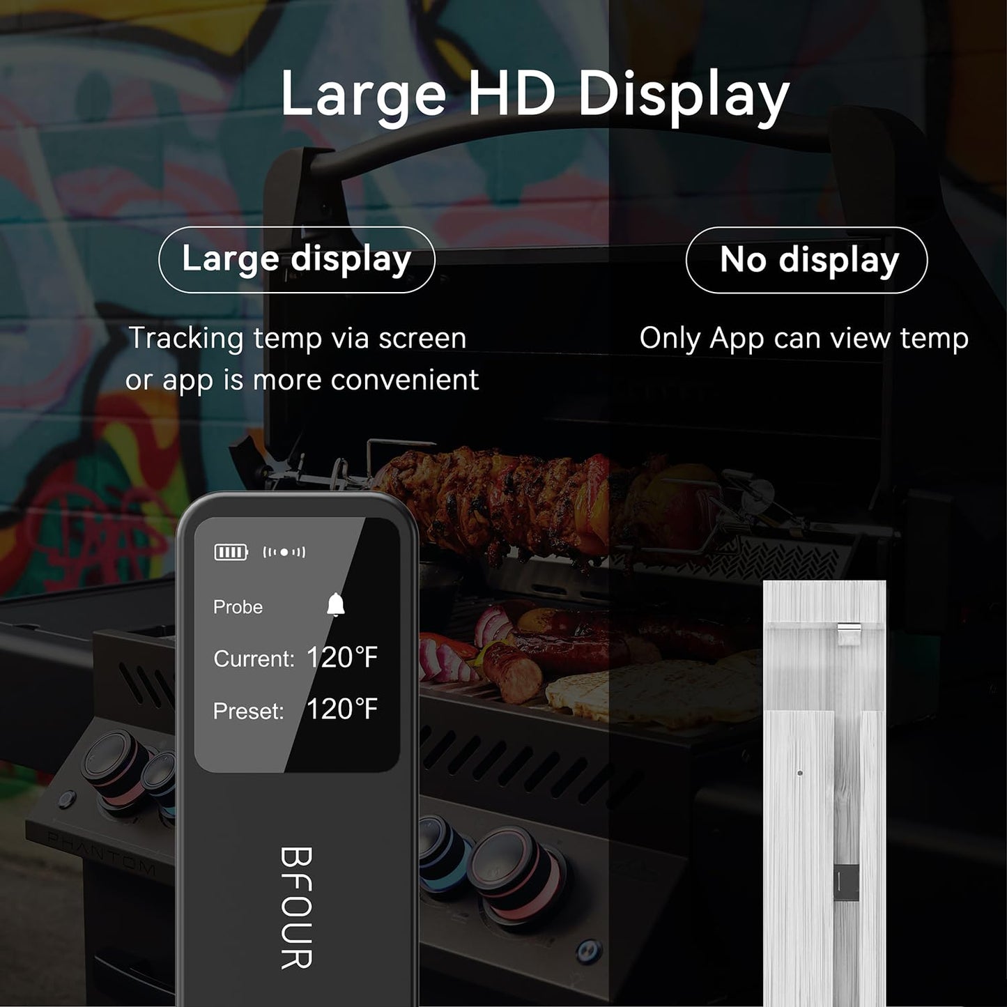 BFOUR Meat Thermometer Wireless with LCD Booster, 524FT Bluetooth Meat Cooking Thermometer, Smart App Remote Monitoring, Wireless Meat Thermometer for BBQ, Oven, Grill Smoker, Rotisserie
