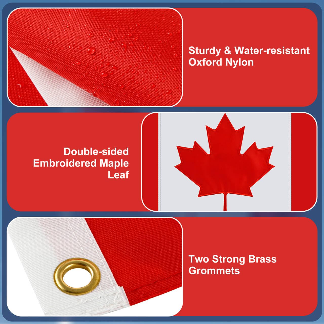 Canadian Flag 3x6Ft Outdoor Indoor, 250D Durable Nylon Heavy Duty, Embroidered Maple Leaf and Brass Grommets, Official Proportion 36X72 inch Canada National Flag for Parade Home Garden Office Decor