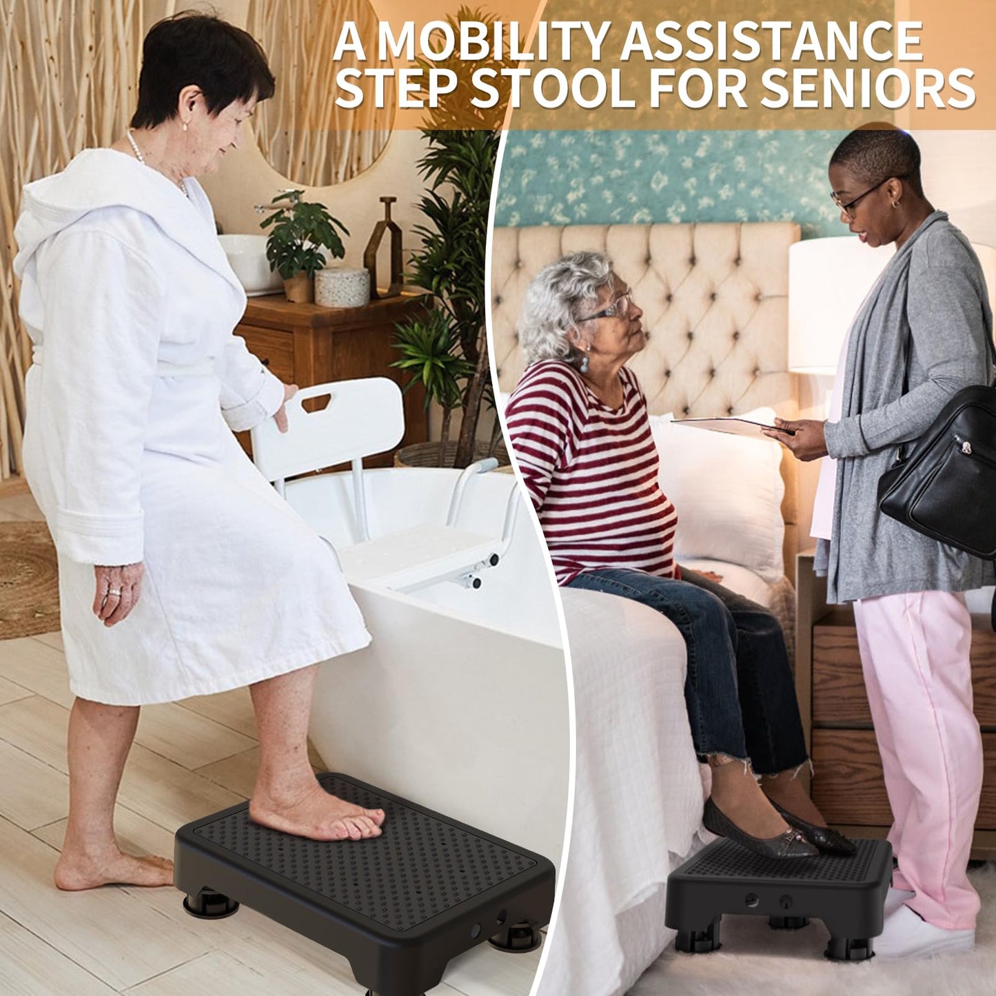 Ronlap One Step Stools for Adults, Portable Safety Step Platform for Seniors Small Plastic Bedside Mobility Wide Stepstools Elderly Assistance, Black-Black